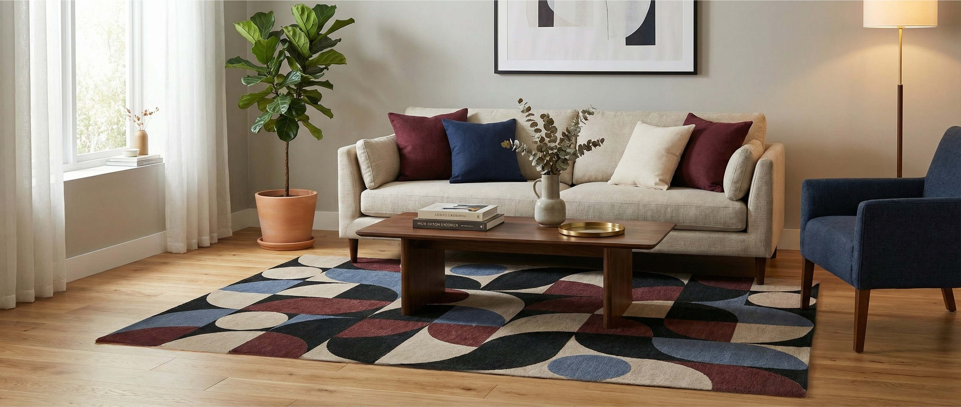 Tapis rectangulaire aux motifs ovales, couleurs variées. Il transforme la pièce, créant une harmonie chaleureuse