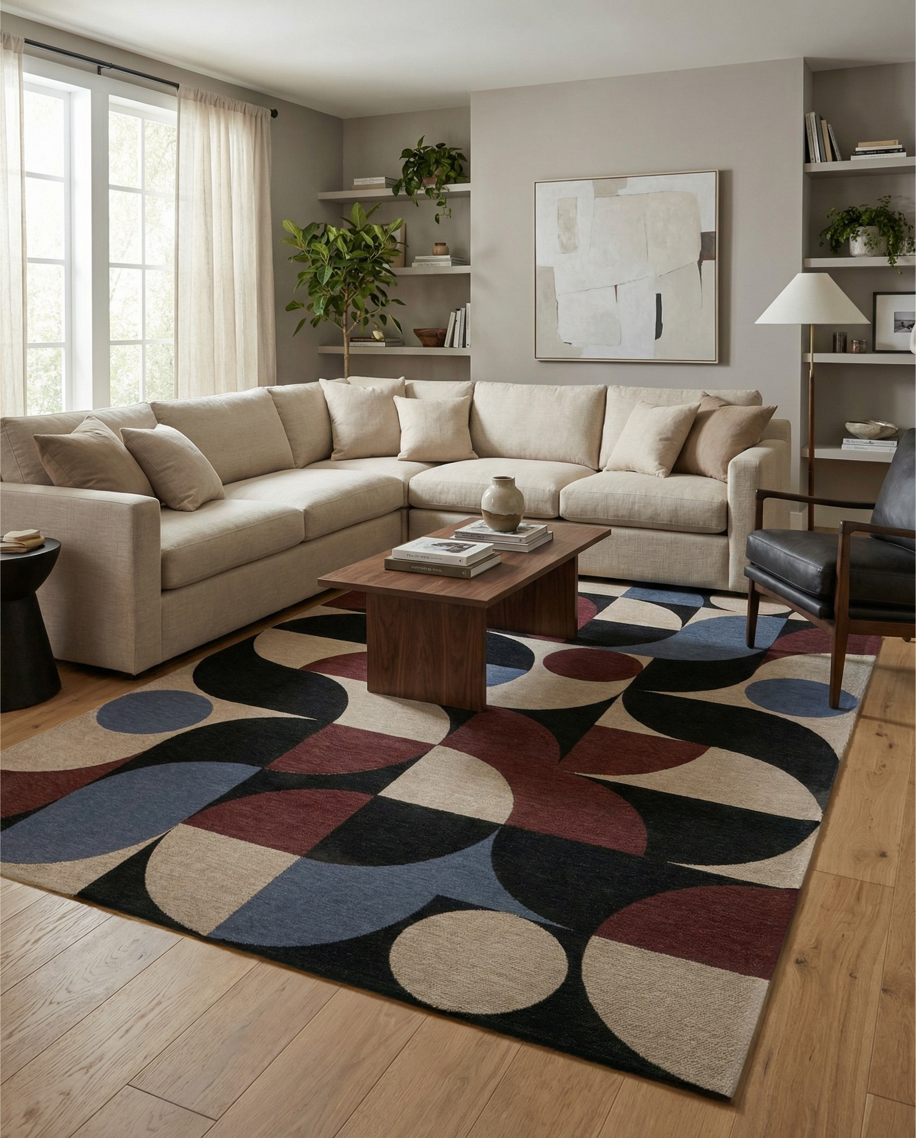 Tapis rectangulaire aux motifs géométriques. Couleurs : noir, bordeaux, bleu et beige. Ambiance chaleureuse dans la pièce