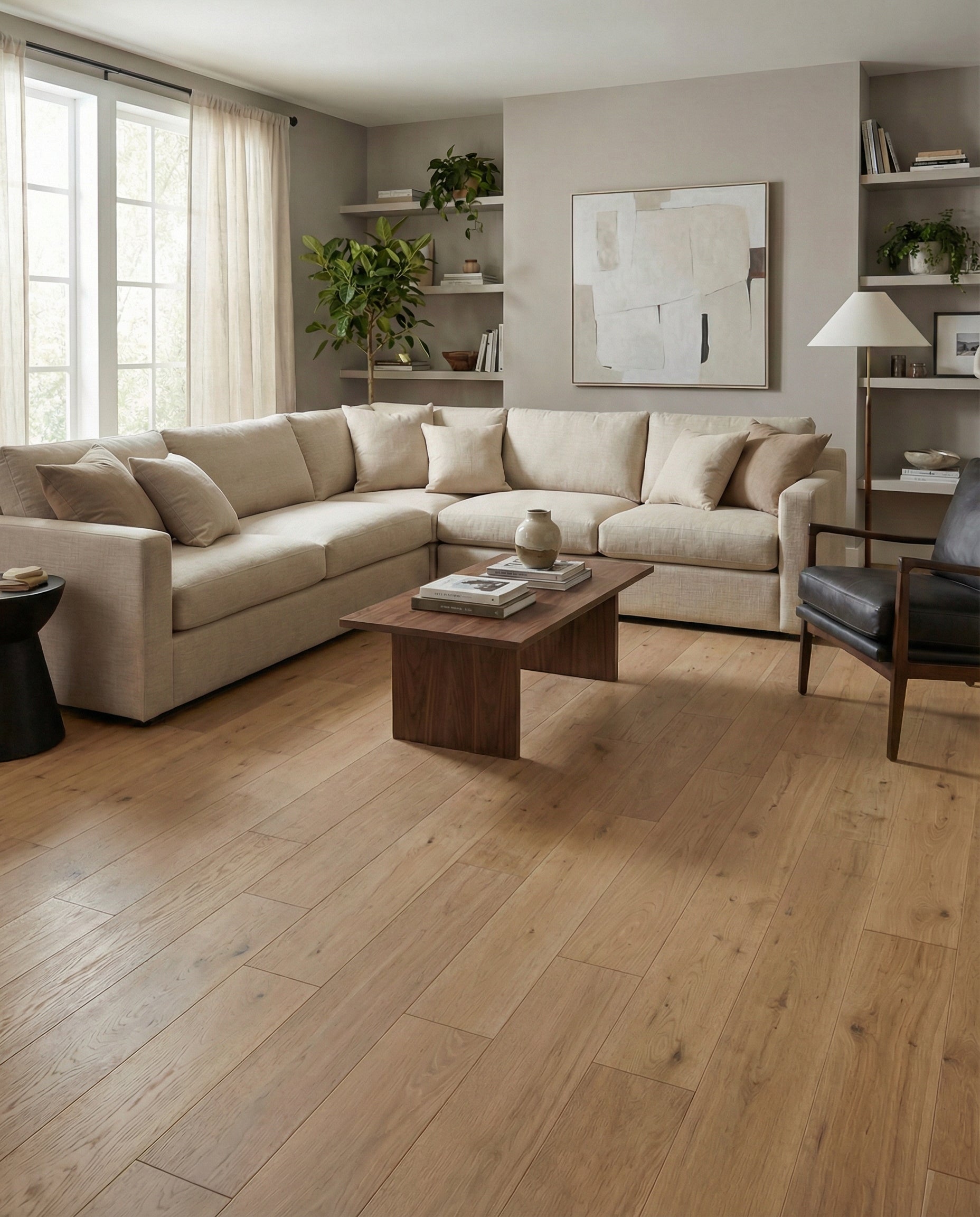 Pièce avec plancher en bois clair, canapé beige, table basse en bois foncé, ambiance chaleureuse, espace à transformer