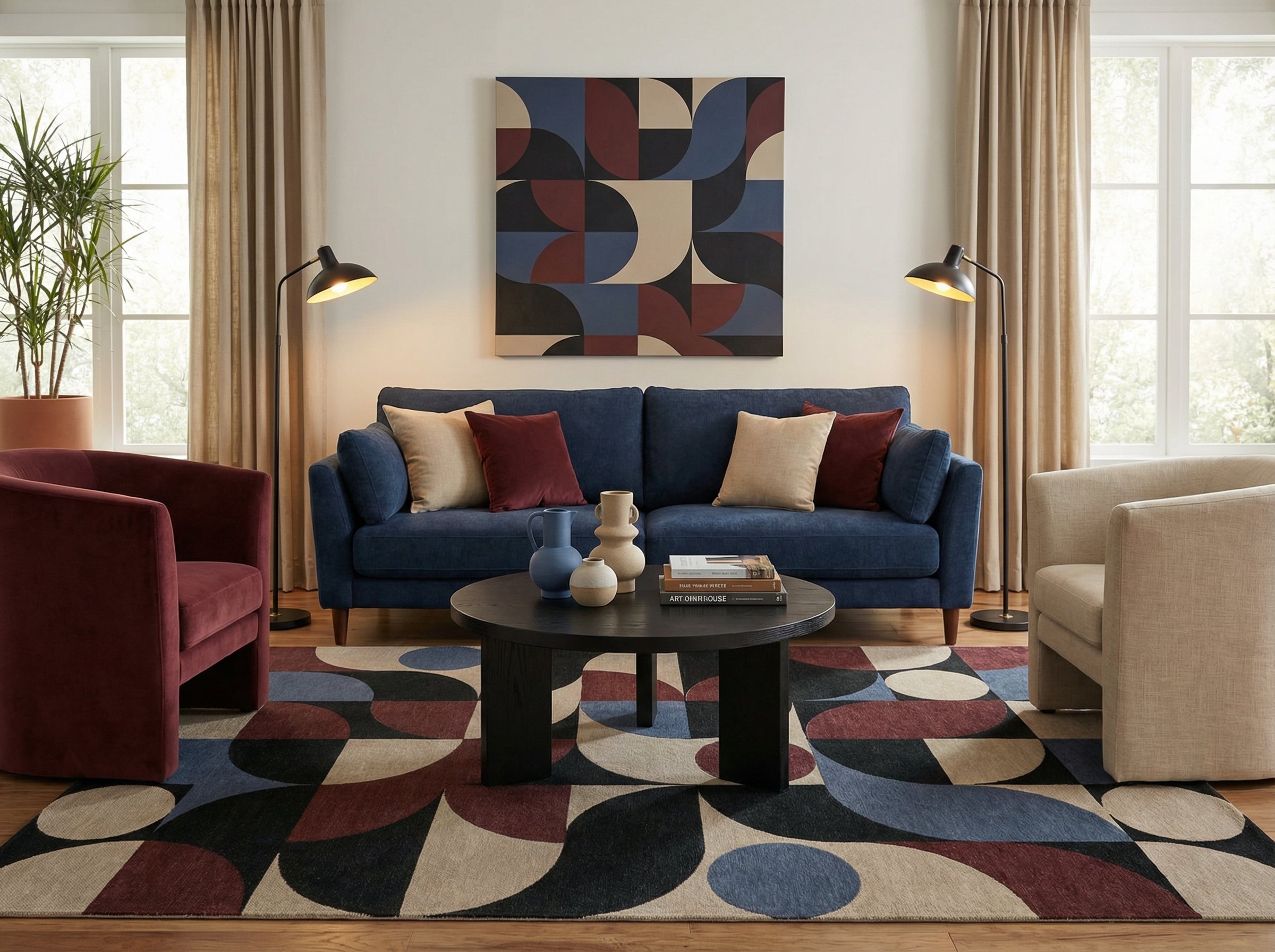 Tapis rectangulaire aux motifs géométriques. Couleurs naturelles et bordeaux. Pièce chaleureuse, style déco moderne