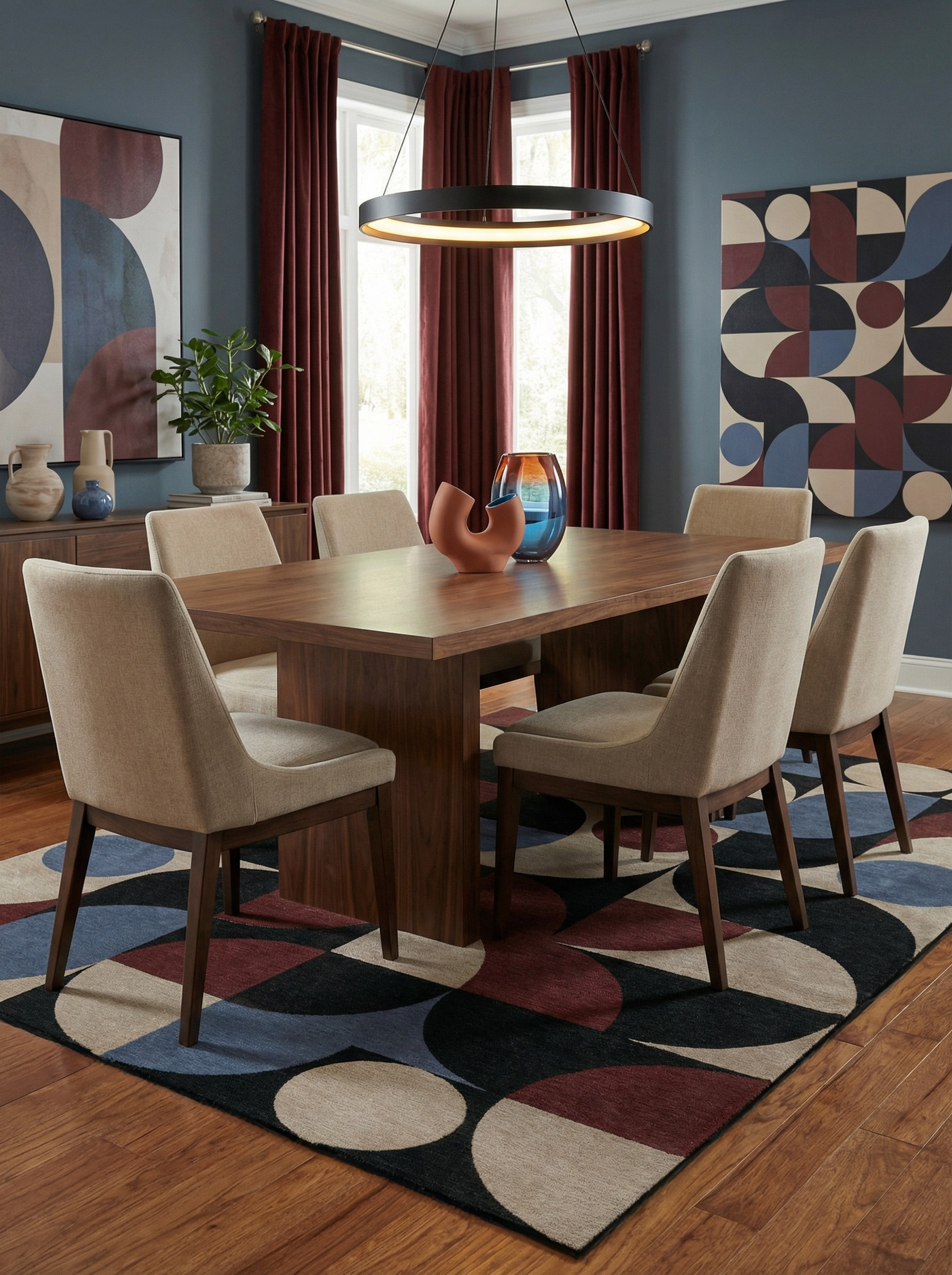 Tapis rectangulaire aux couleurs naturelles, définissant l'espace repas. Ambiance conviviale