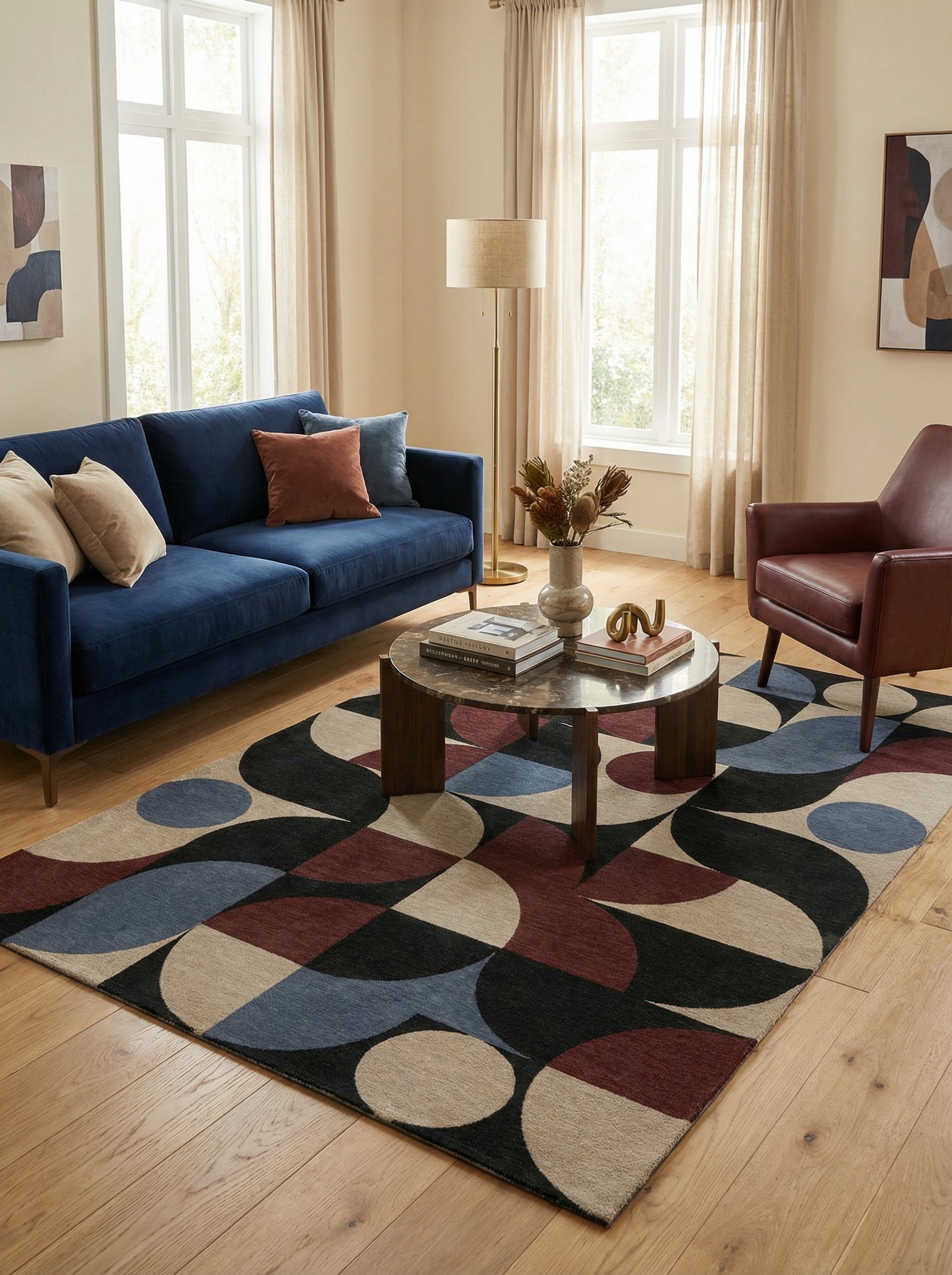 Tapis rectangulaire aux motifs géométriques, couleurs variées. Crée une ambiance chaleureuse, harmonie avec le décor