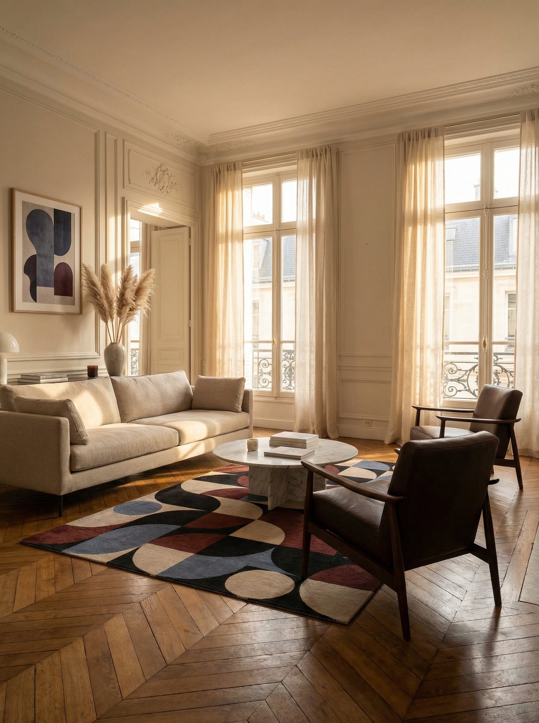 Tapis rectangulaire aux motifs ronds, couleurs chaudes, ambiance conviviale et élégante dans le salon