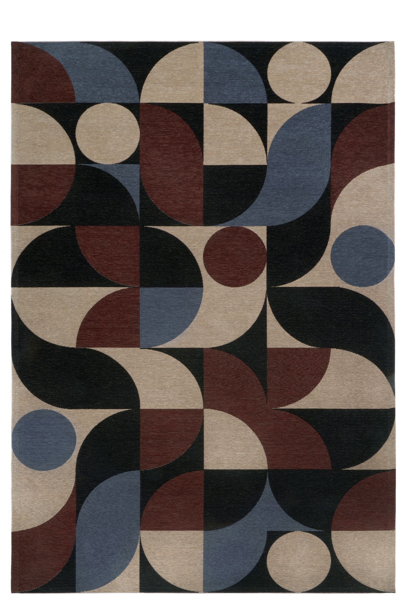 Tapis rectangulaire avec motif géométrique de demi-cercles, couleurs naturelles: beige, noir, bleu et bordeaux