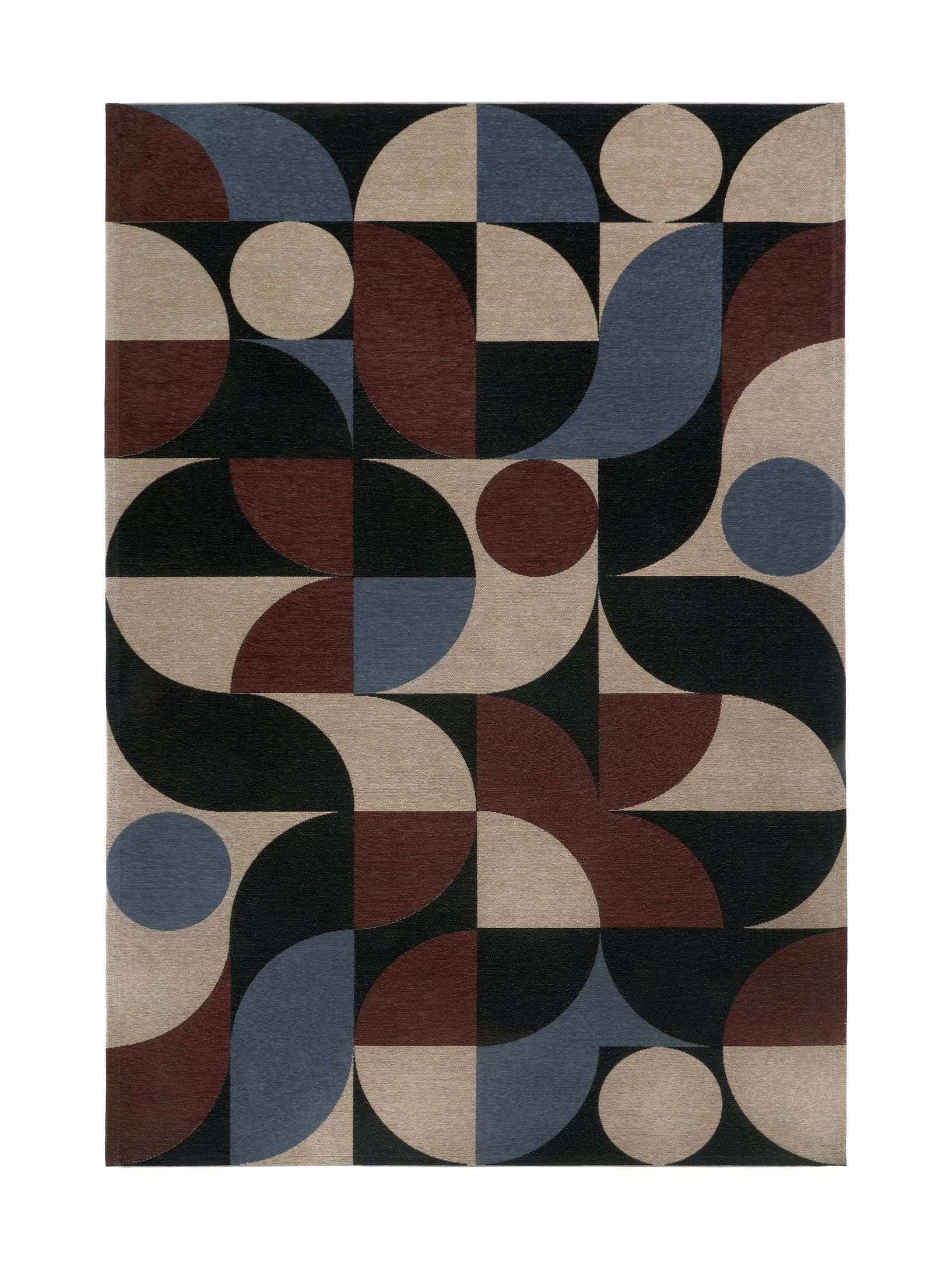 Tapis rectangulaire avec motif géométrique de demi-cercles, couleurs naturelles: beige, noir, bleu et bordeaux