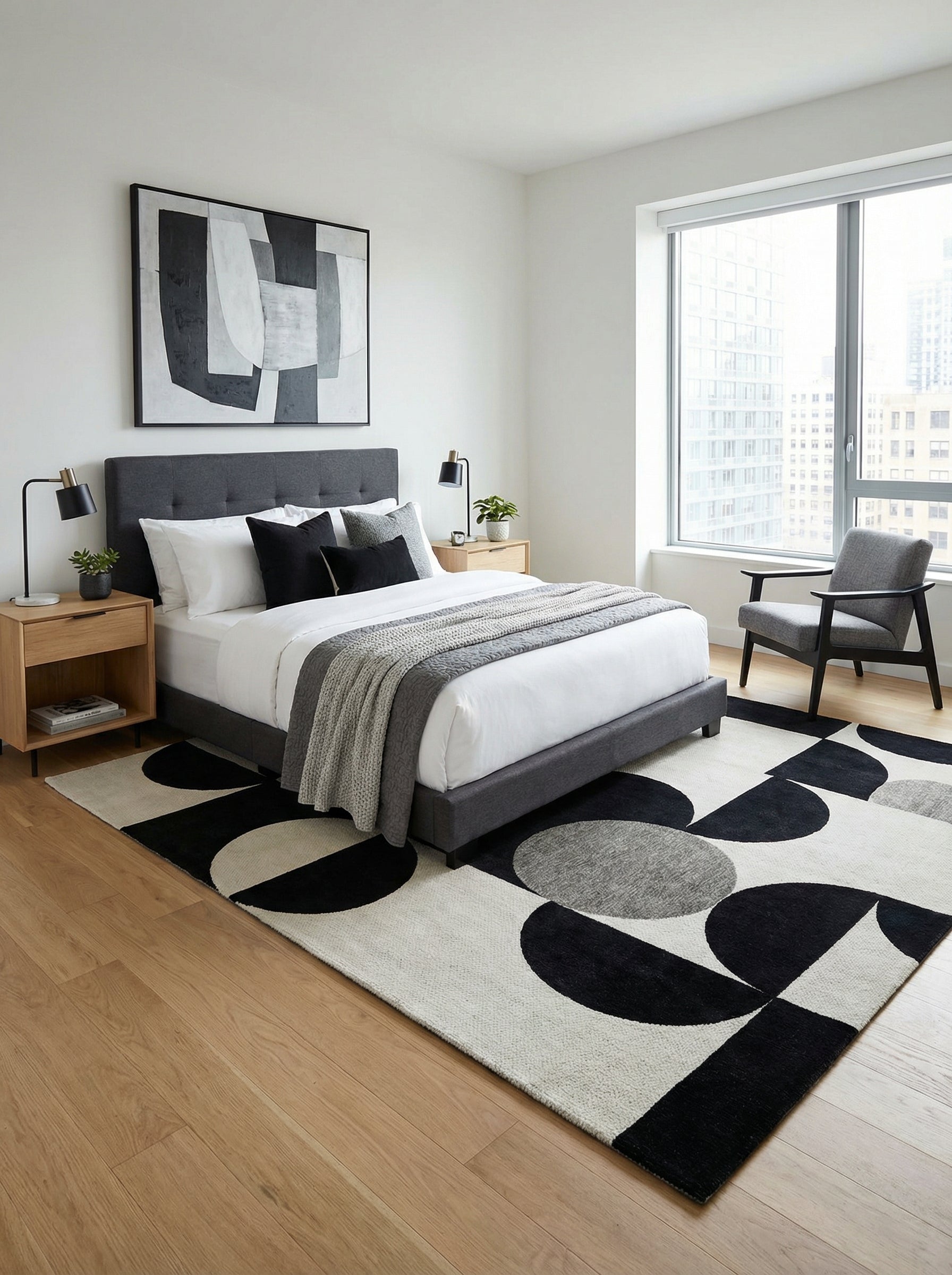 Tapis rectangulaire noir et beige. Douceur et confort dans une chambre. Ambiance reposante