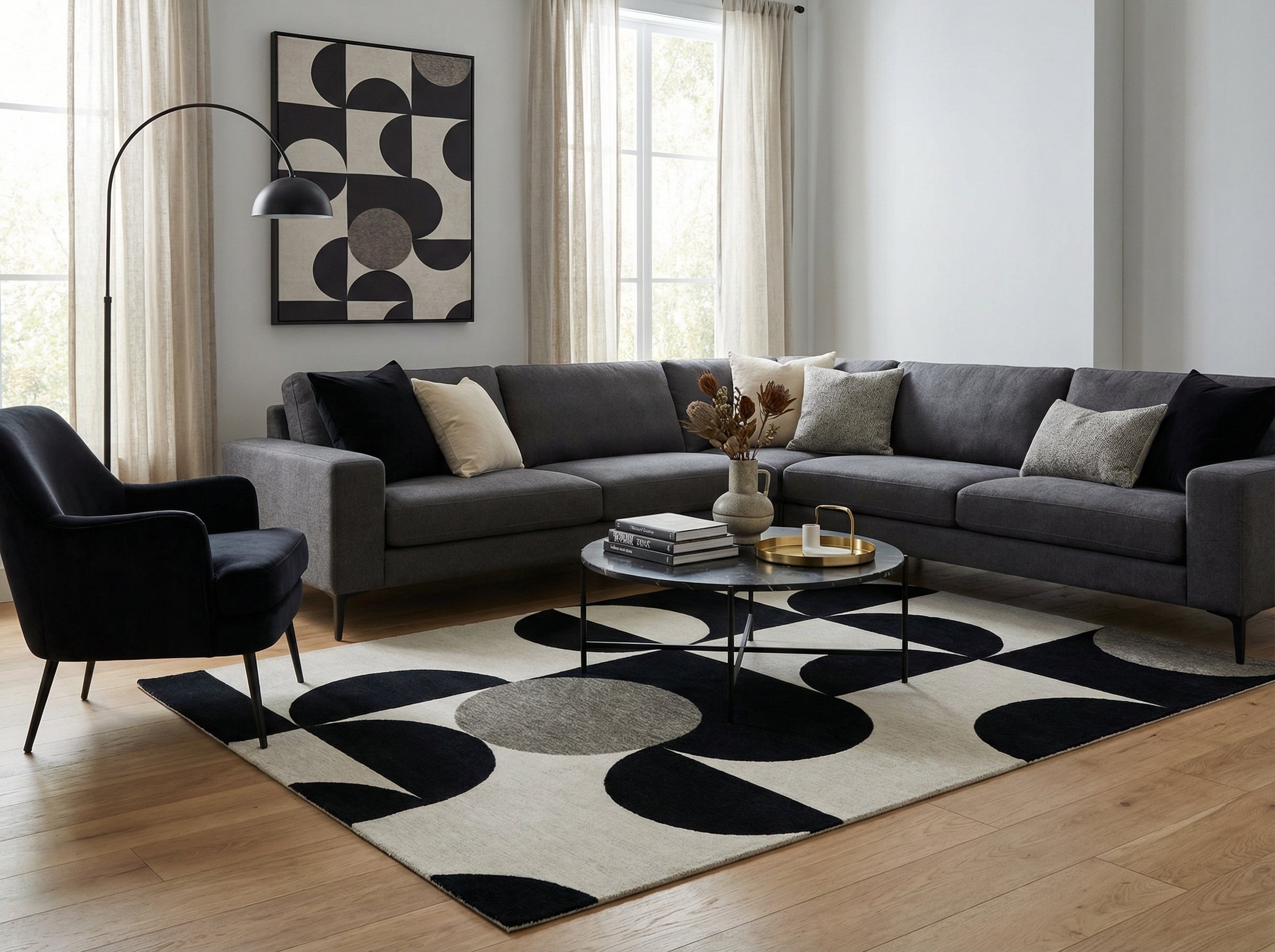 Tapis rectangulaire noir et beige, motifs ronds, style déco moderne, ambiance épurée et chaleureuse dans la pièce