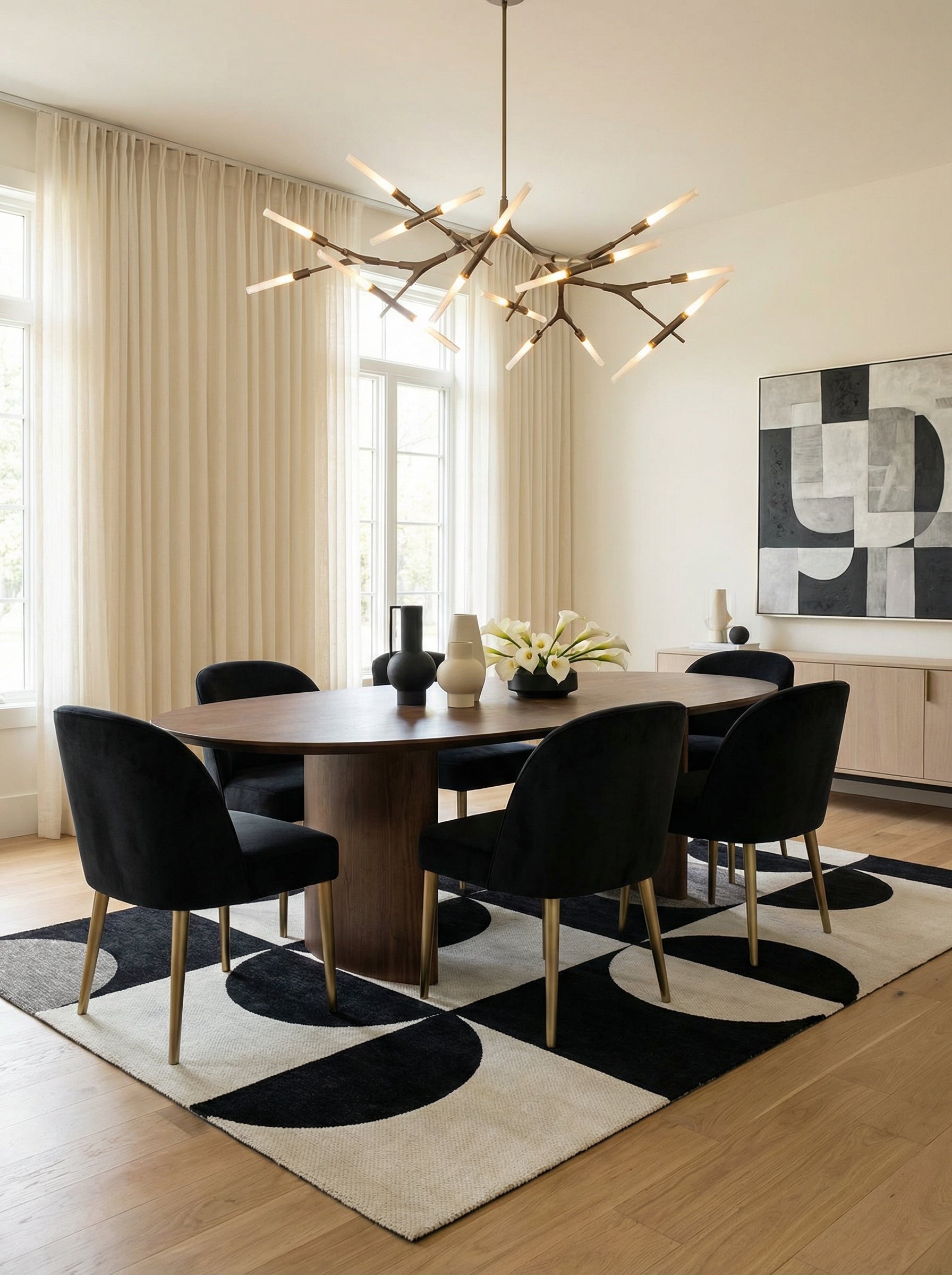 Tapis rectangulaire noir et beige, définissant l'espace repas. Ambiance conviviale