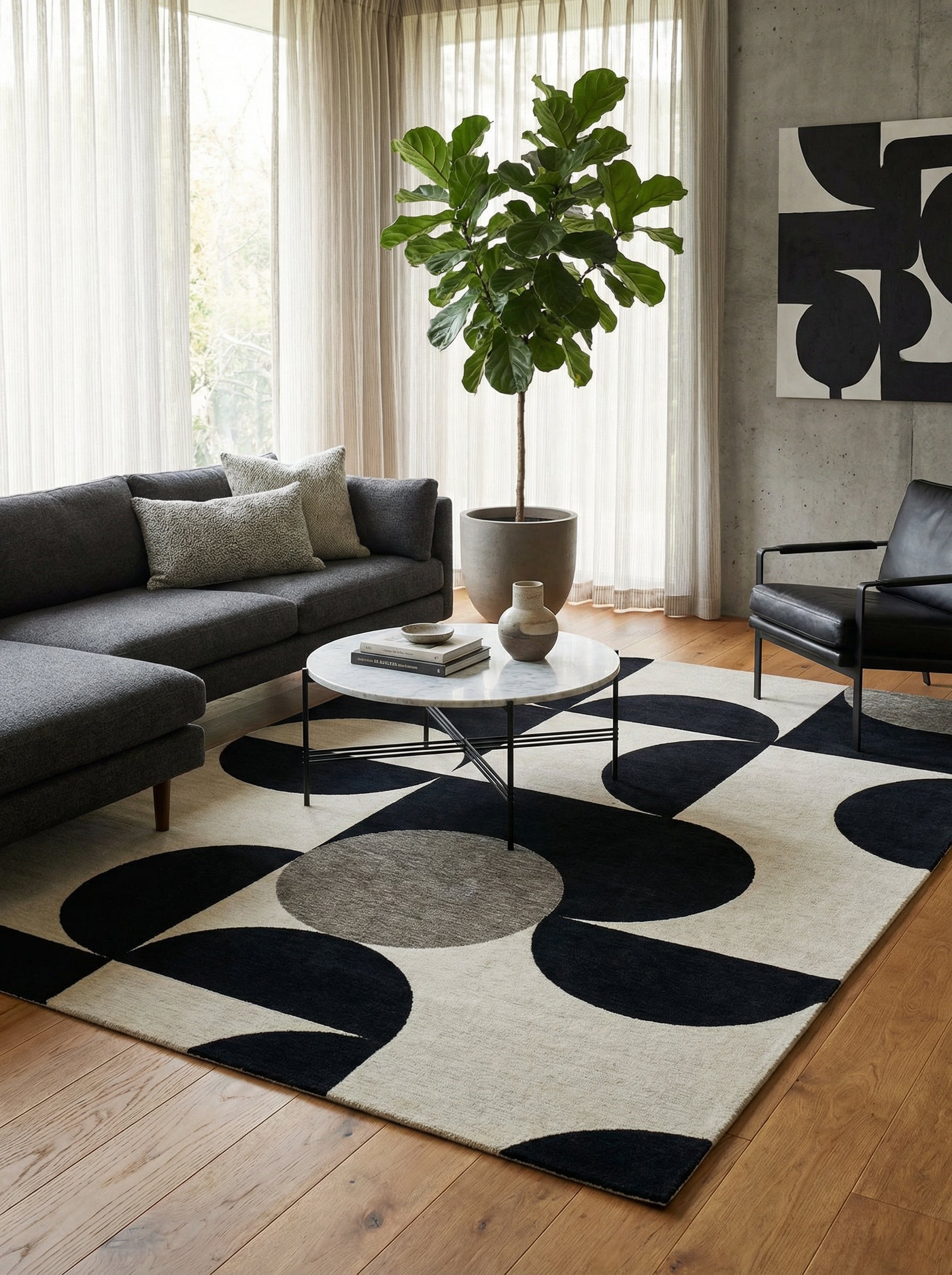 Tapis rectangulaire beige et noir, motif géométrique. Crée une ambiance moderne et s'harmonise avec le décor