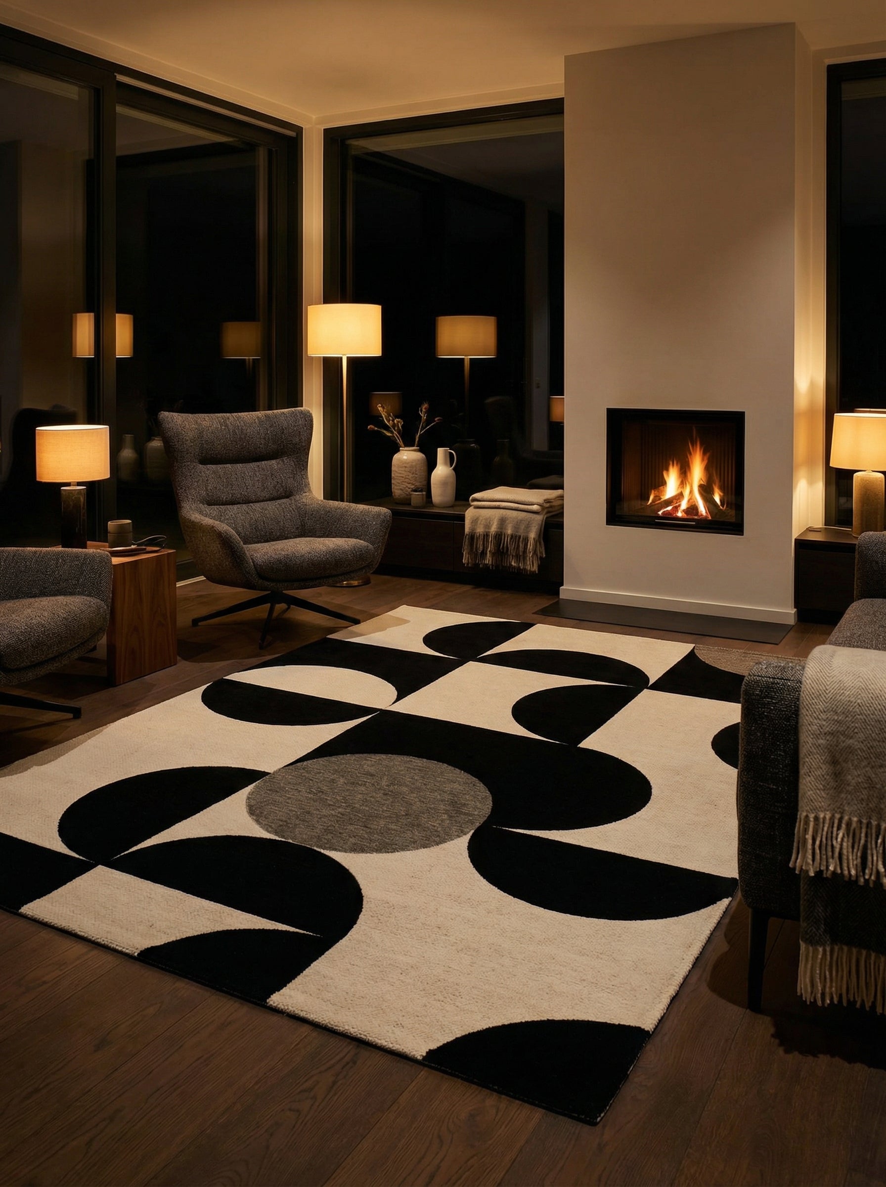 Tapis rectangulaire beige et noir, motif géométrique, éclairage doux, ambiance chaleureuse