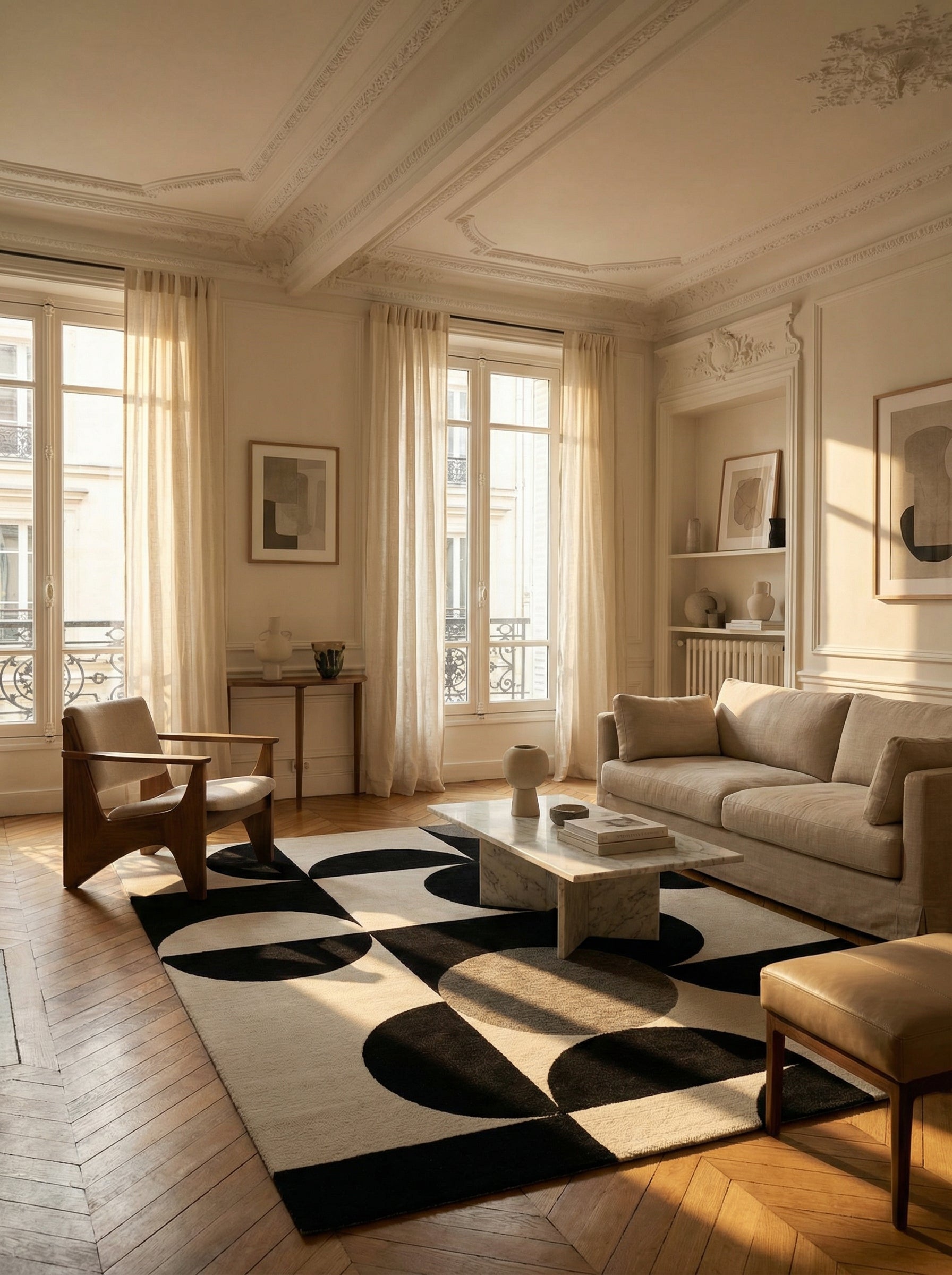 Tapis rectangulaire noir et beige, ambiance soirée élégante et conviviale, dans un salon