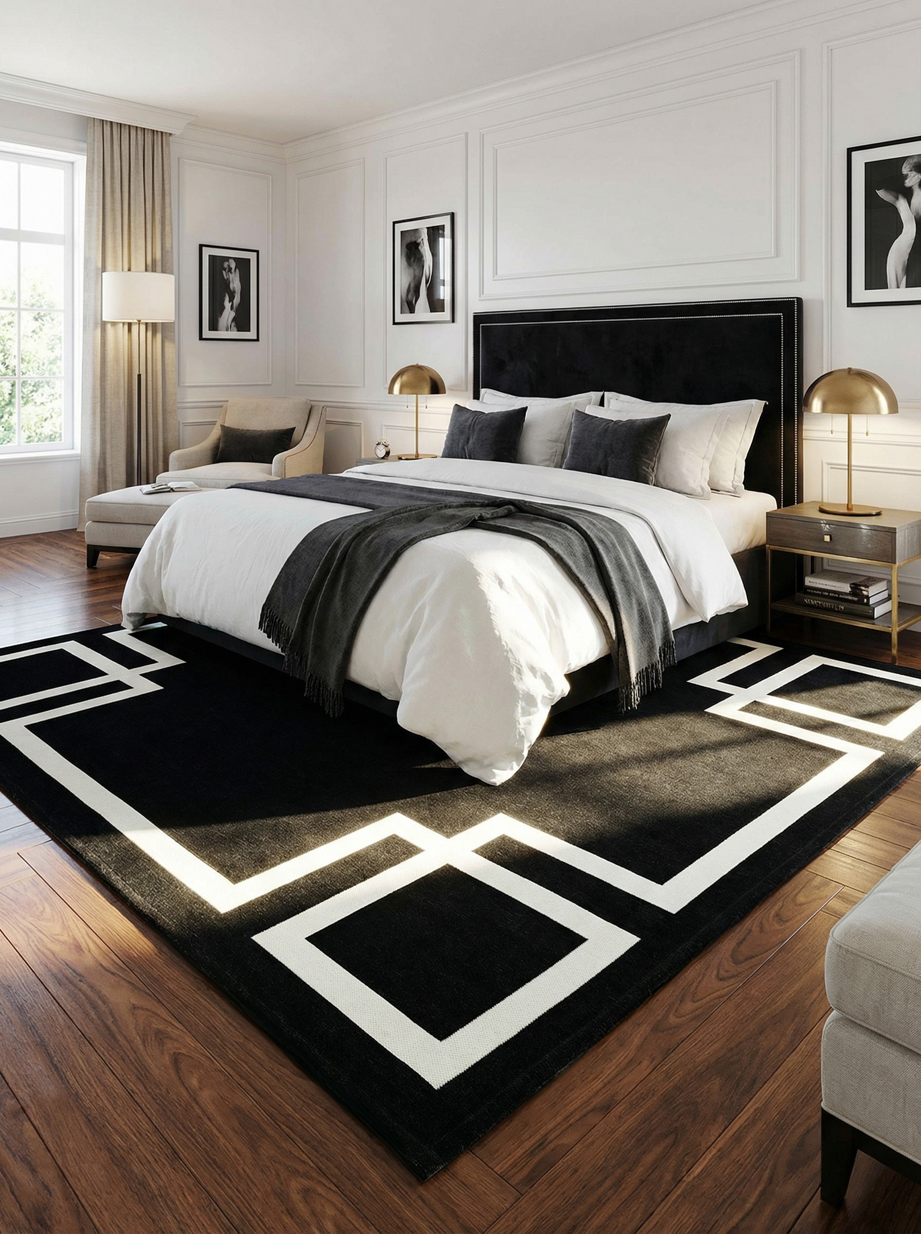Tapis rectangulaire noir et blanc. Douceur et confort dans une chambre, pour une ambiance reposante
