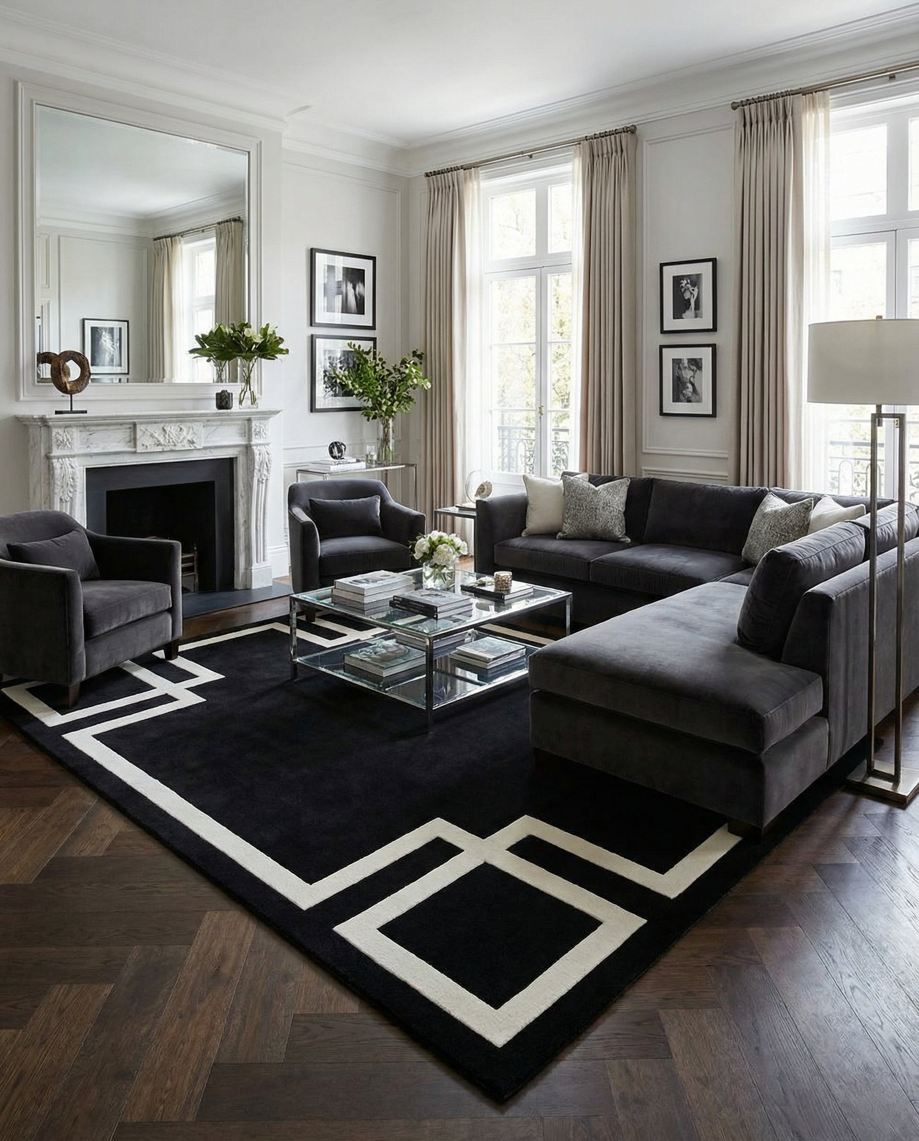 Tapis noir rectangulaire avec motifs blancs, pièce lumineuse et élégante. Ambiance chaleureuse grâce au tapis