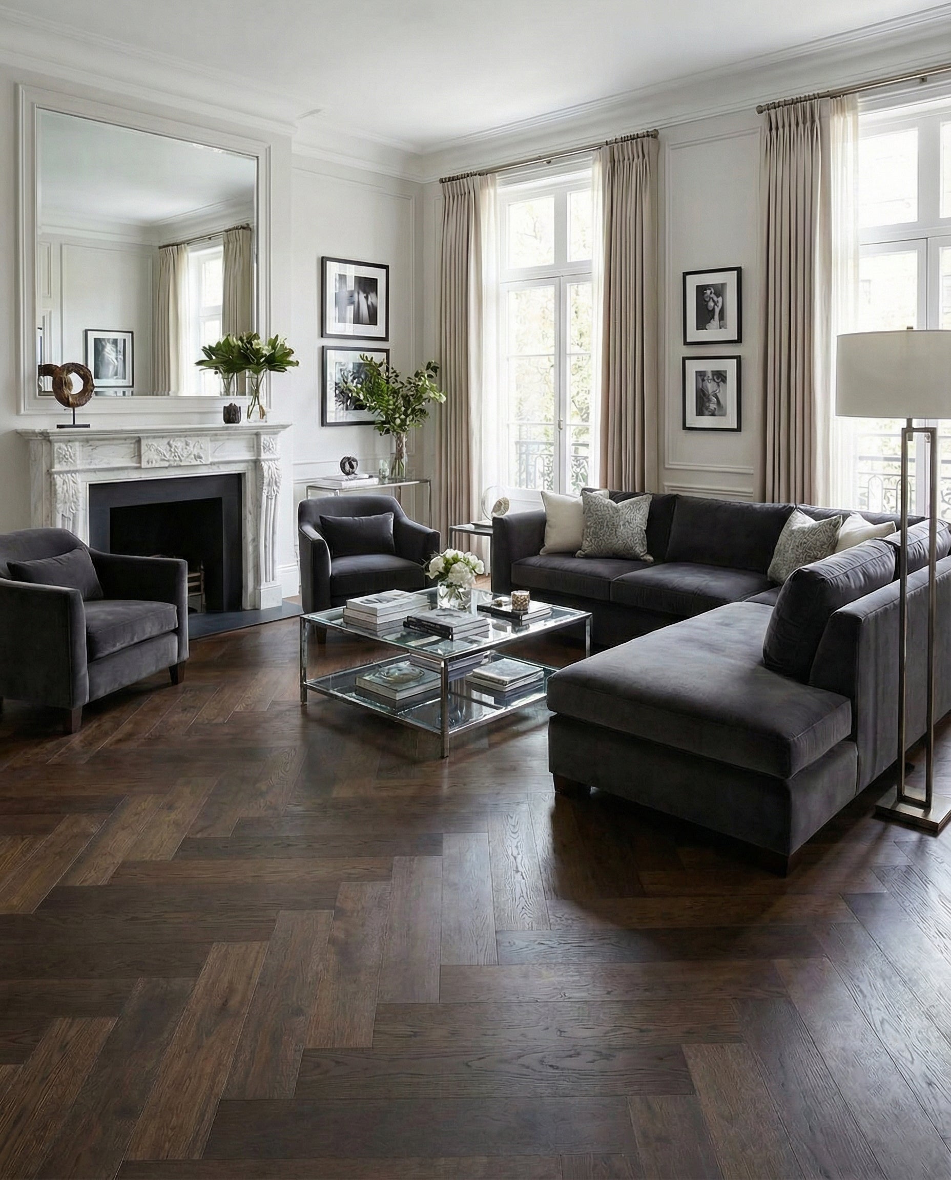 Pièce avec plancher en bois foncé, canapé et fauteuils gris, cheminée blanche, fenêtres avec rideaux clairs, ambiance