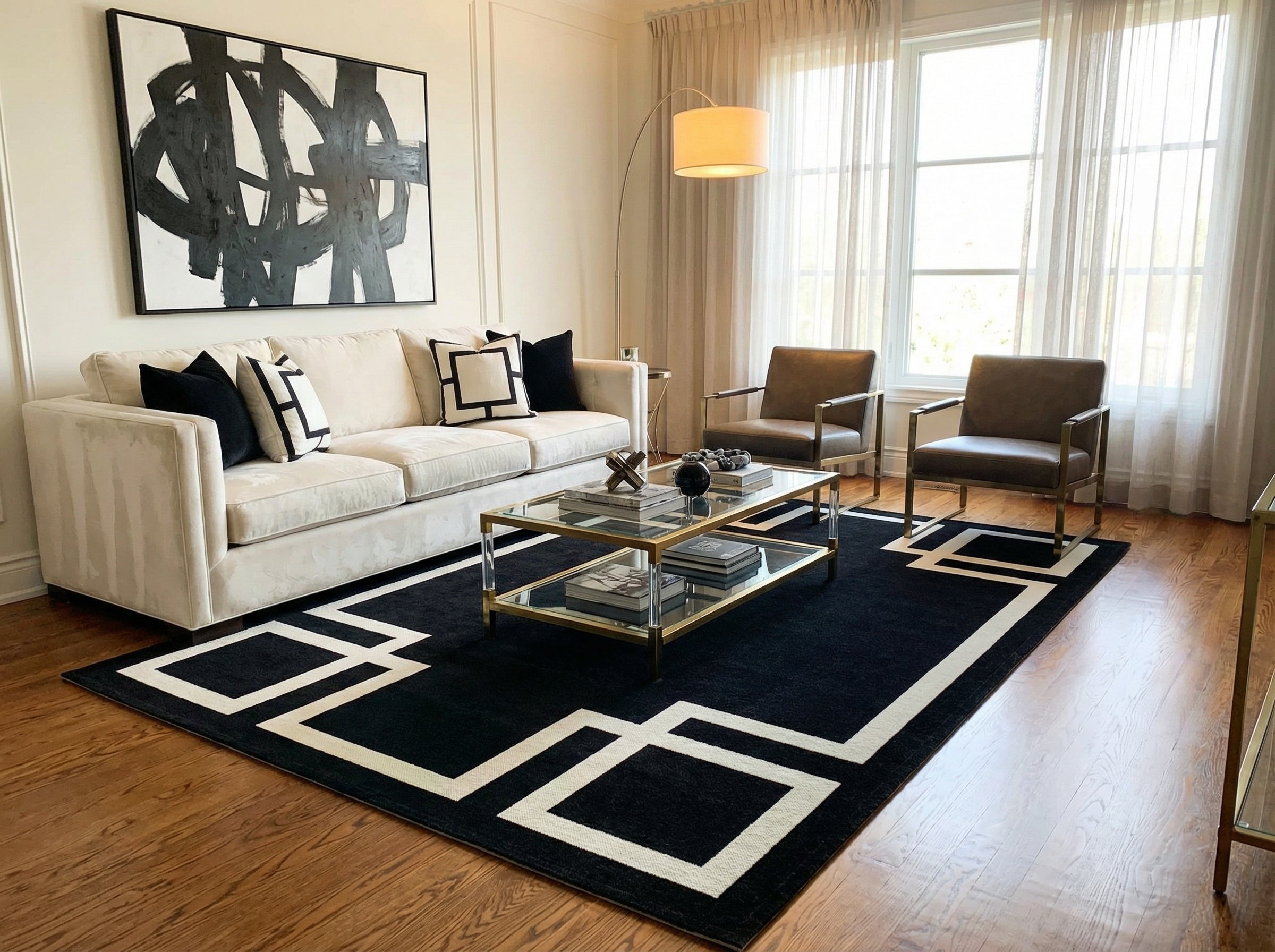 Tapis rectangulaire noir et blanc, style déco moderne. Crée une ambiance élégante et épurée dans le salon