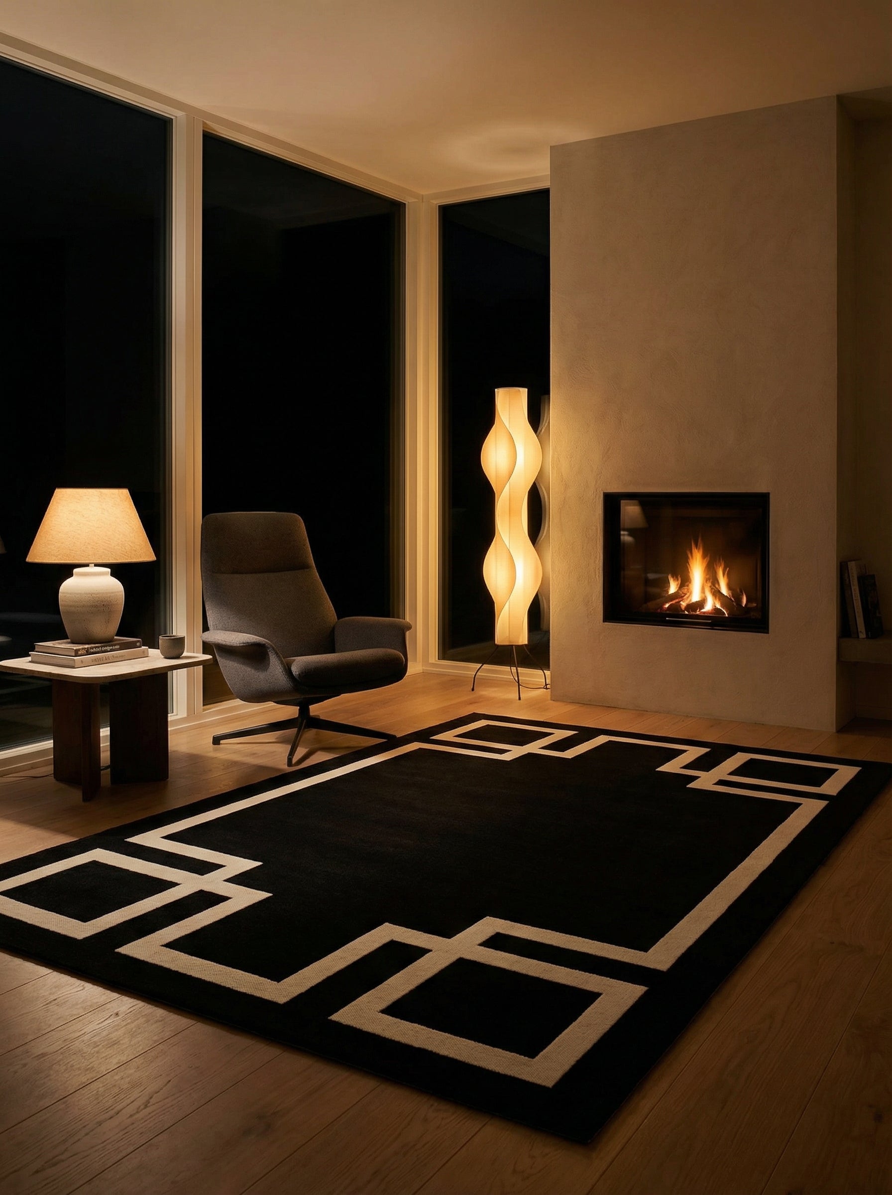Tapis noir rectangulaire à motifs beiges, éclairage doux, ambiance chaleureuse dans la pièce