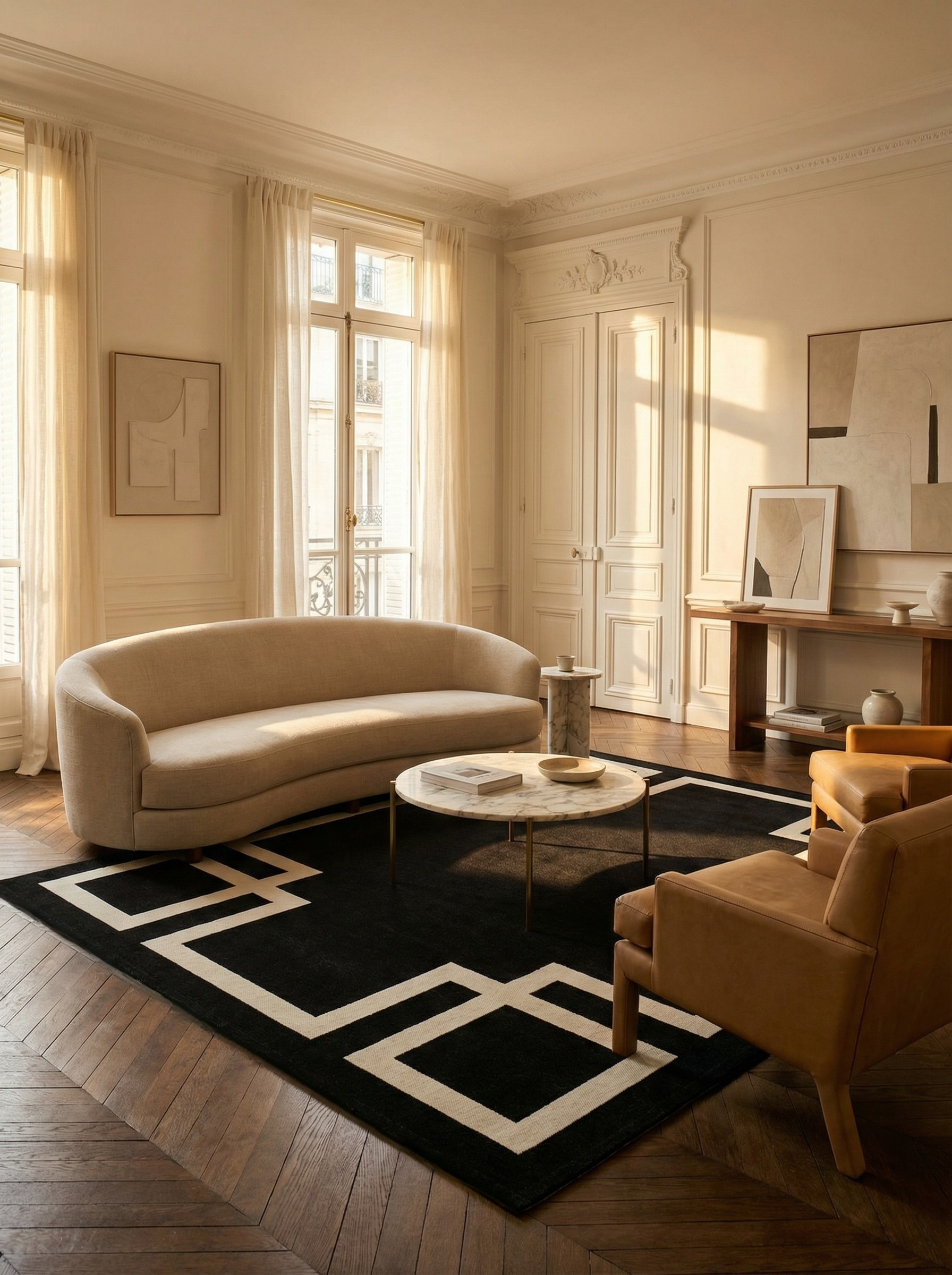 Tapis noir élégant, motifs géométriques blancs. Ambiance conviviale dans le salon