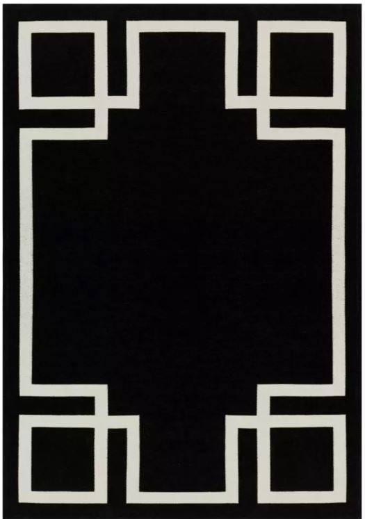 Tapis rectangulaire noir avec motif géométrique blanc. Style moderne et épuré