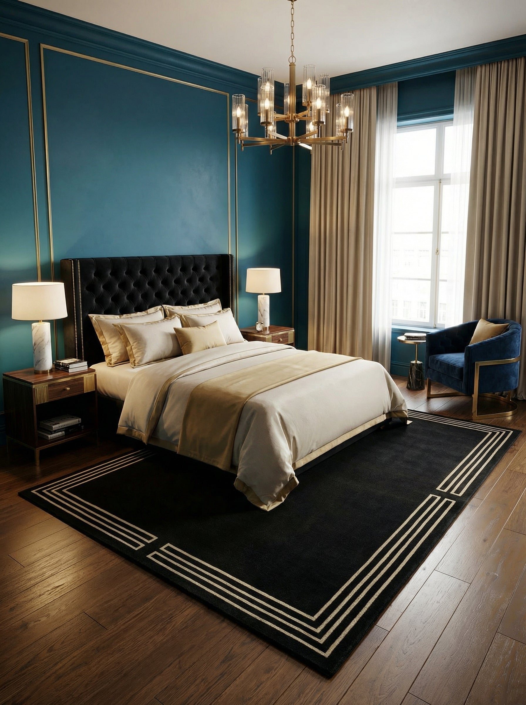 Tapis rectangulaire noir et ambre, doux et confortable dans une chambre. Il crée une ambiance reposante