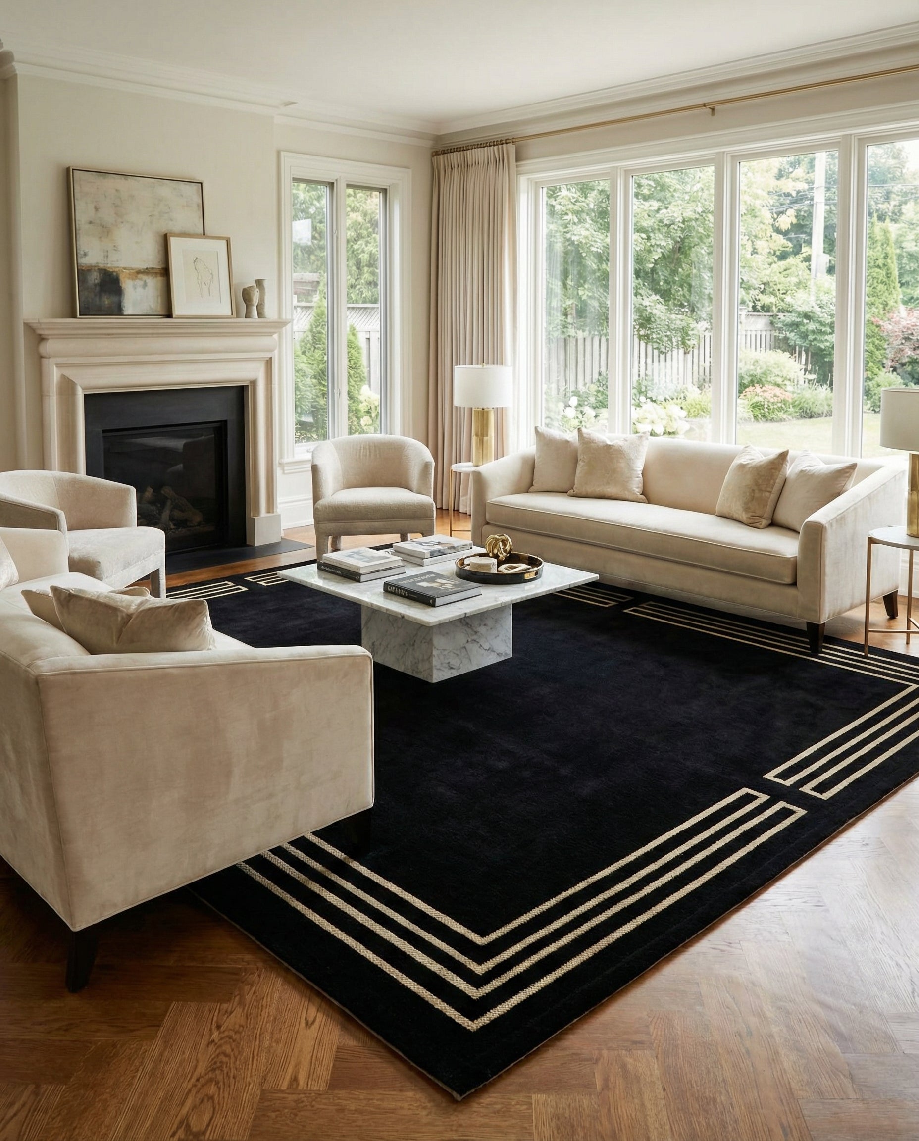 Tapis noir rectangulaire, bordures beiges, dans une pièce lumineuse. Crée une ambiance élégante et chaleureuse