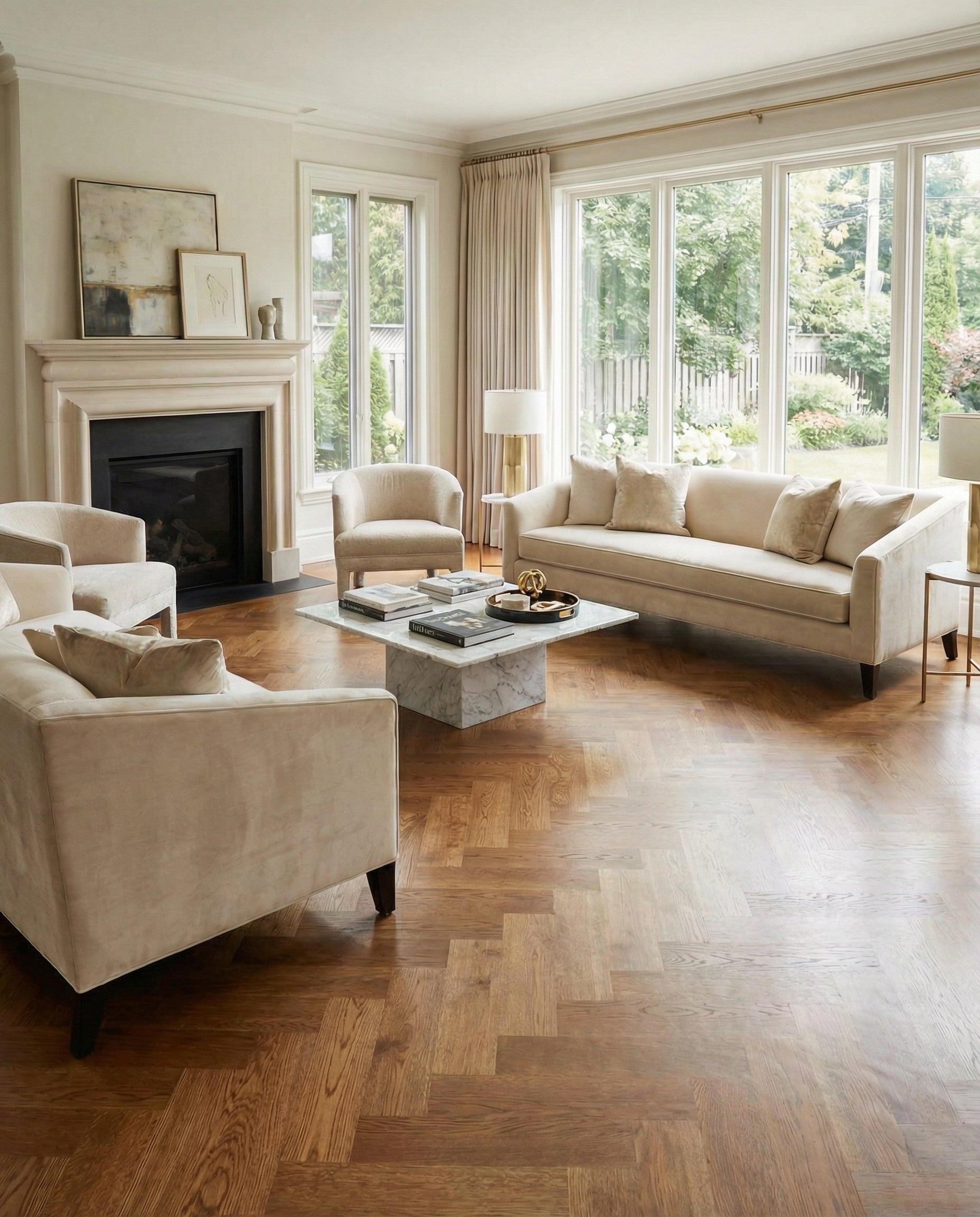 Pièce lumineuse avec parquet en chevrons, canapé et fauteuils beiges, cheminée noire, ambiance chaleureuse