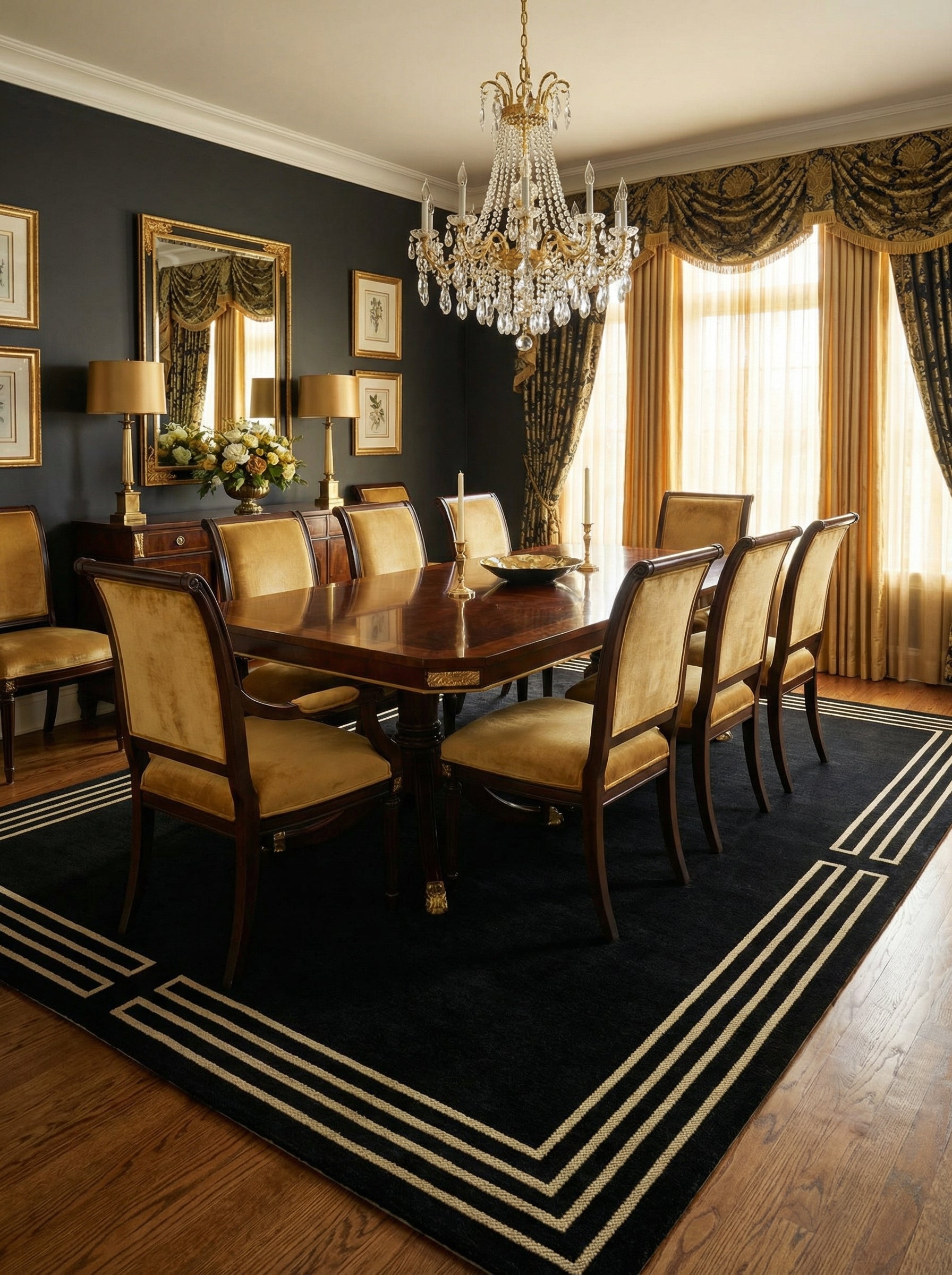 Tapis rectangulaire noir et beige sous la table à manger, définissant l'espace repas, ambiance conviviale