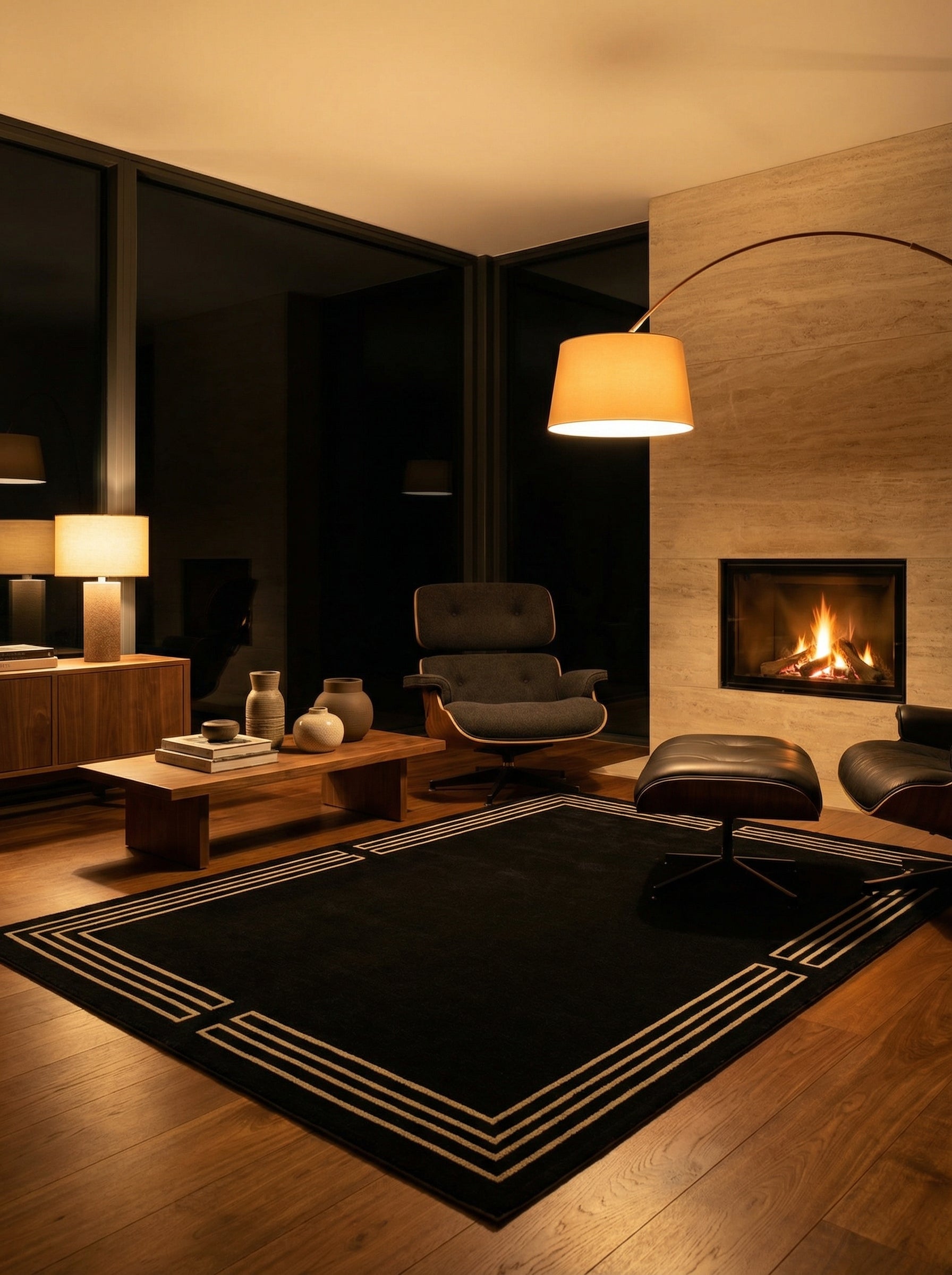 Tapis noir rectangulaire, bordures beiges, éclairage doux, ambiance chaleureuse dans la pièce