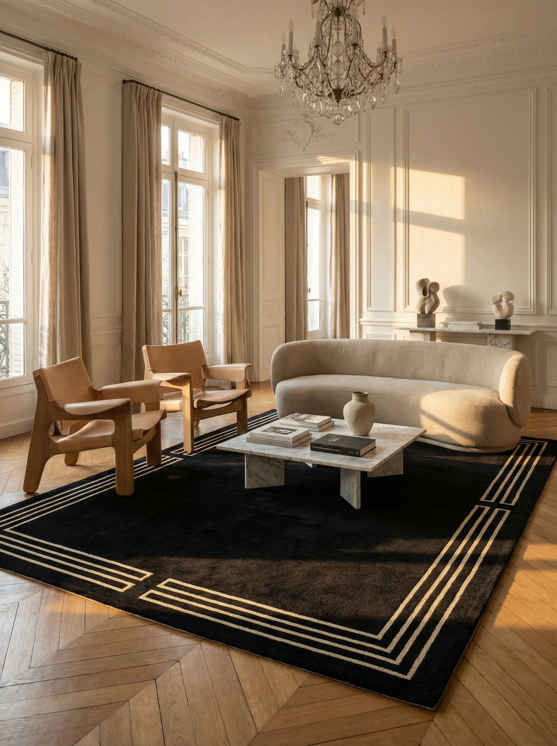 Tapis noir rectangulaire, élégance et convivialité dans le salon. Détails beiges, ambiance chaleureuse pour une soirée