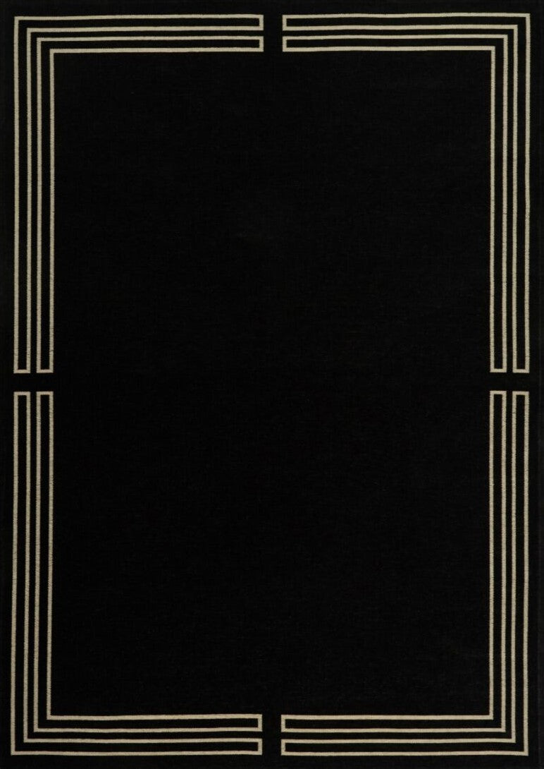 Tapis rectangulaire noir avec motif géométrique crème, style moderne, idéal pour un salon