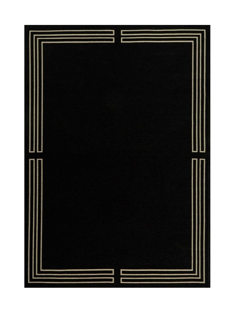Tapis rectangulaire noir avec motif géométrique crème, style moderne, idéal pour un salon