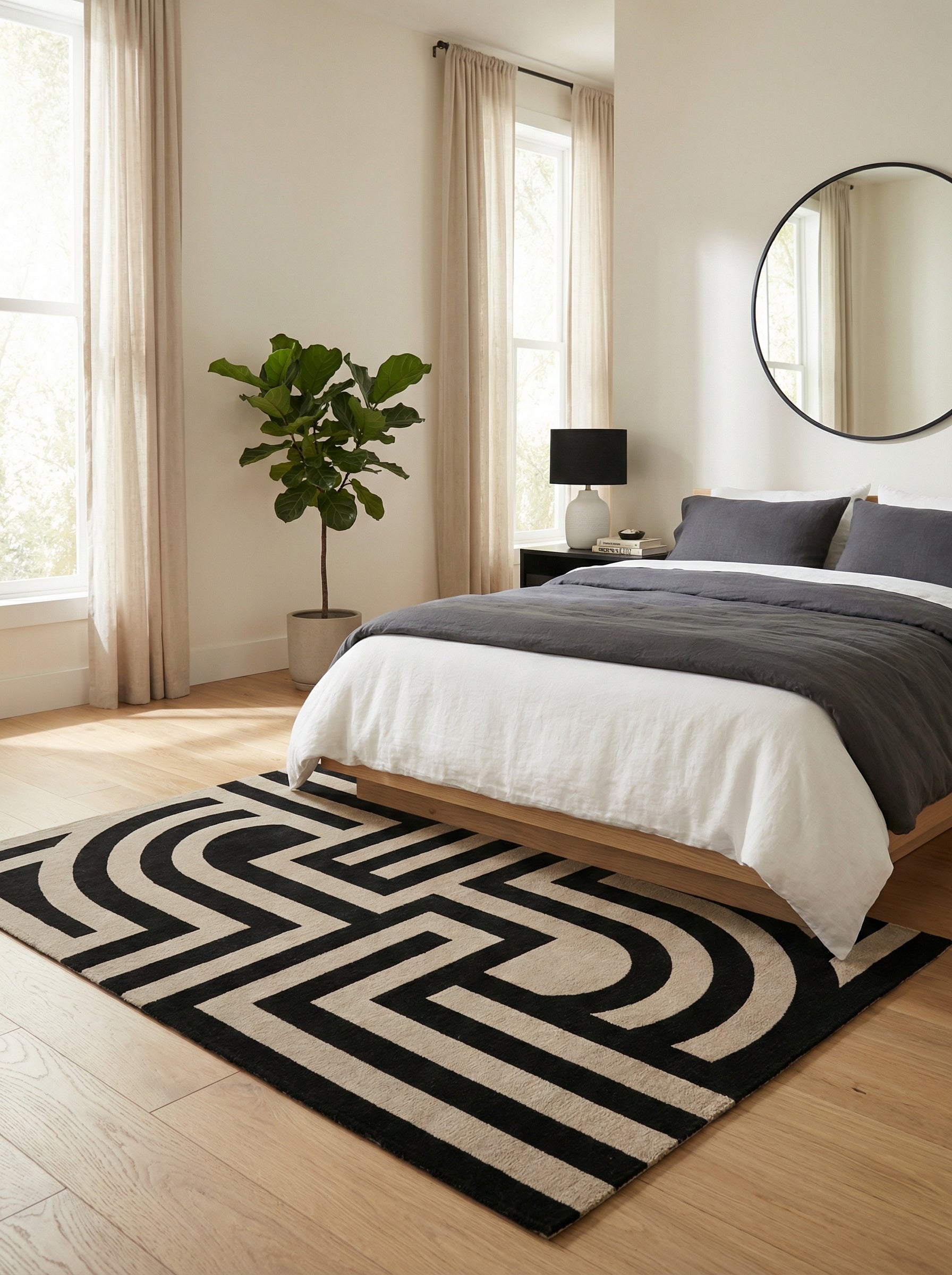 Tapis rectangulaire noir et ambre. Doux, confortable, il crée une ambiance reposante dans la chambre