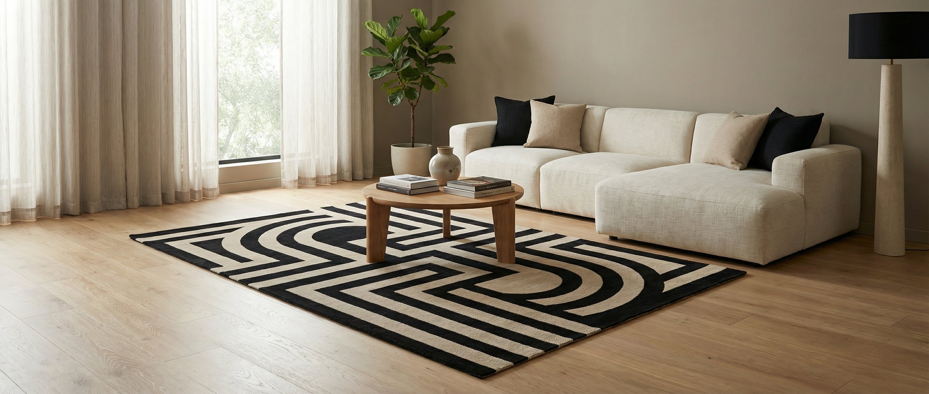 Tapis noir et beige rectangulaire transforme la pièce. Ambiance moderne et harmonieuse