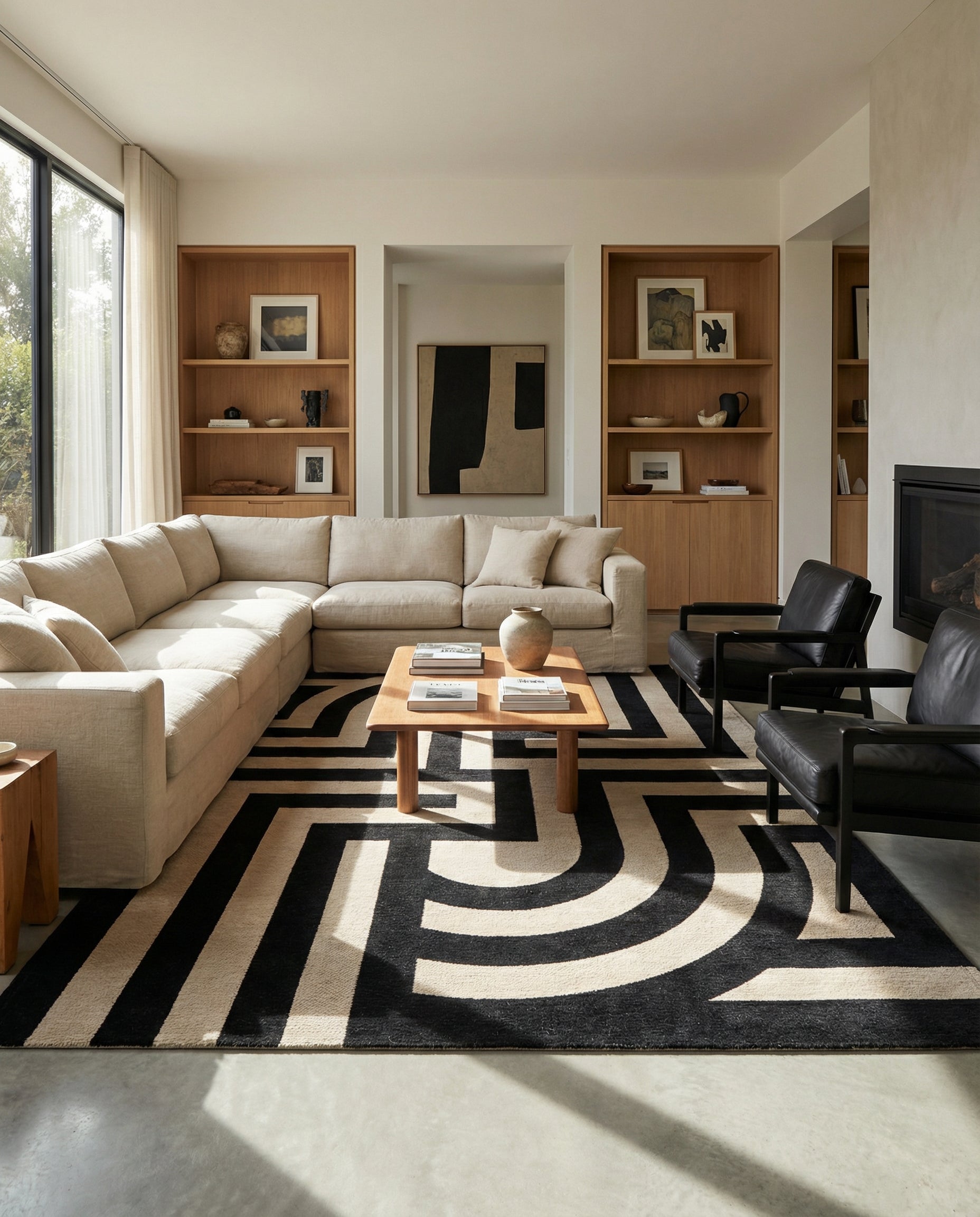 Tapis noir et blanc rectangulaire crée une ambiance graphique. Il structure l'espace et dynamise la pièce