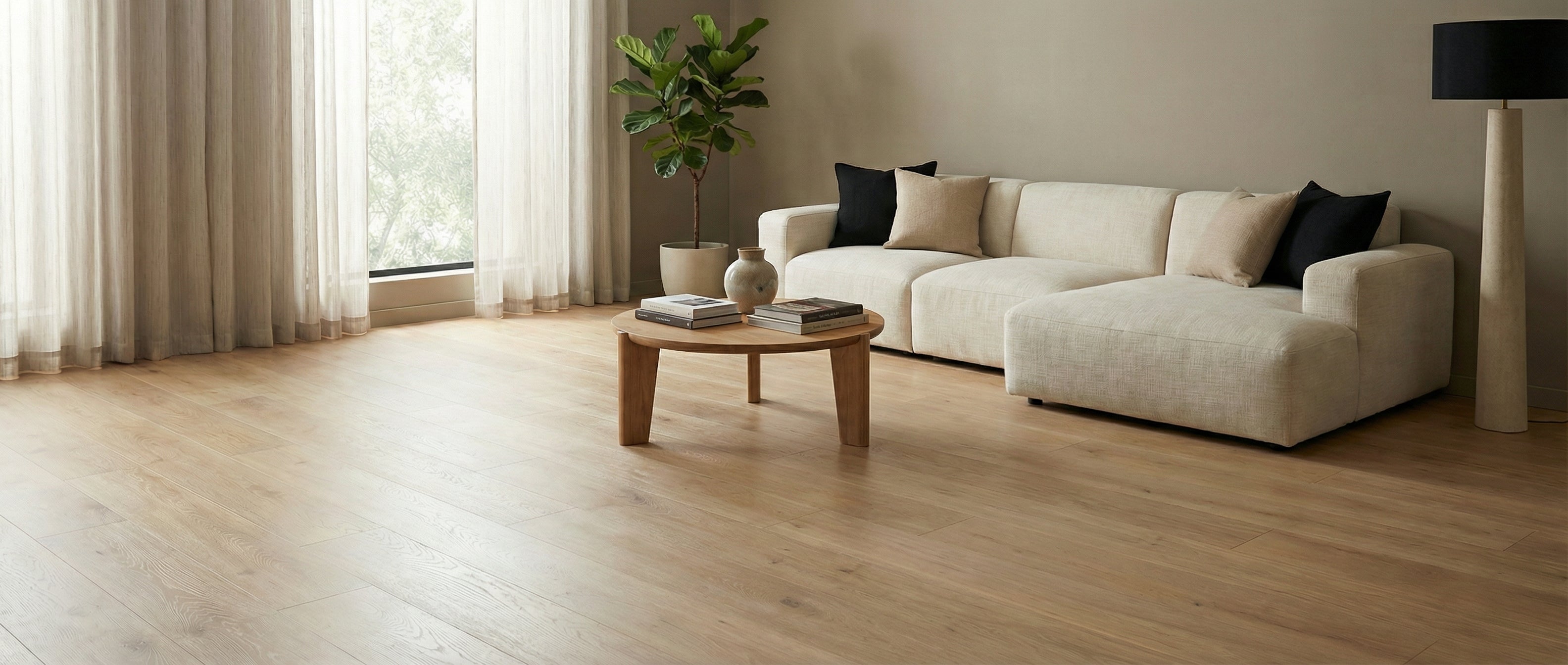 Pièce vide, plancher bois clair, canapé crème, coussins noirs et beiges. Table ronde en bois, plante verte, ambiance