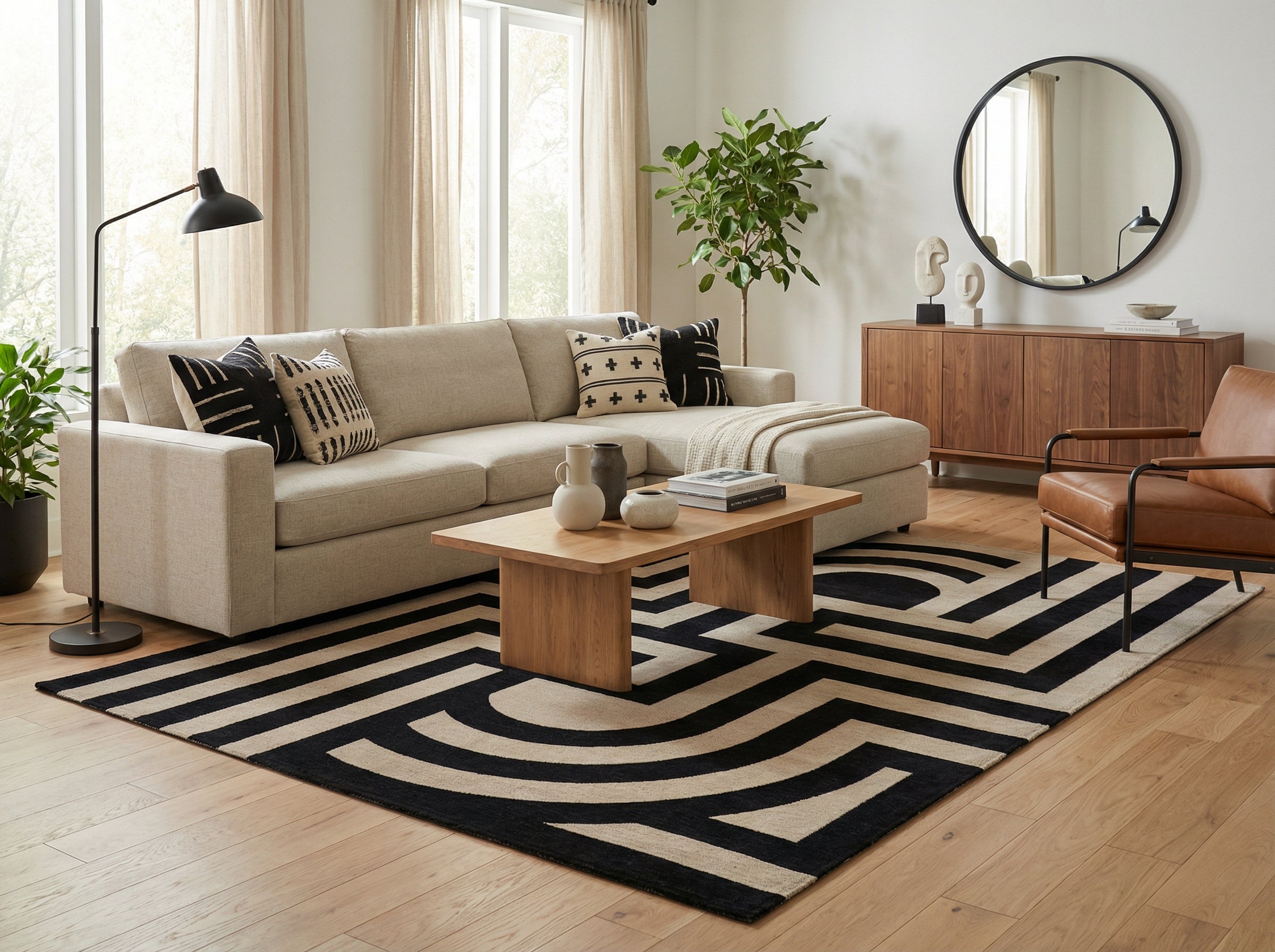 Tapis noir et beige géométrique dans un salon. Style déco moderne. Ambiance chaleureuse et épurée
