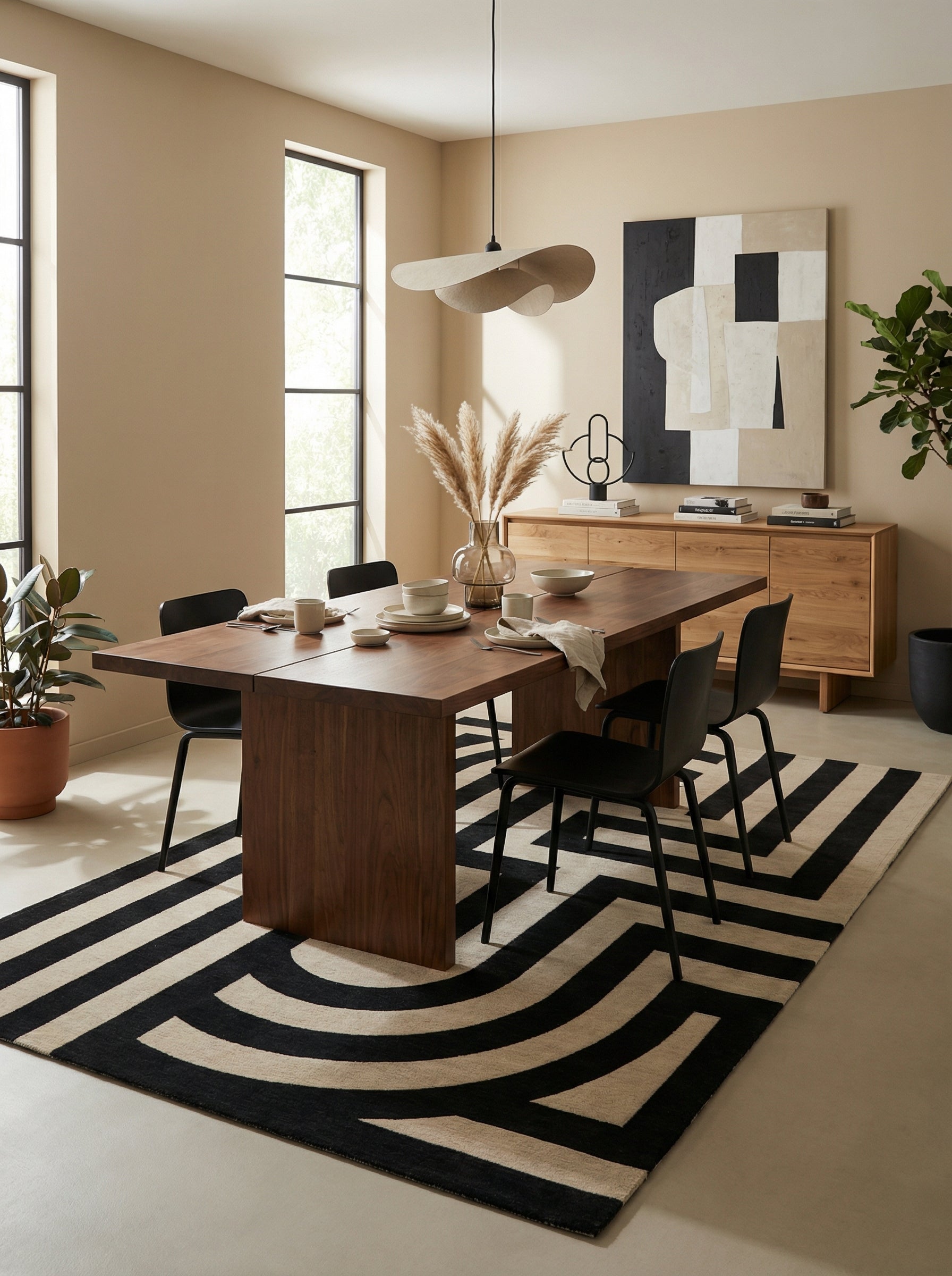 Tapis rectangulaire noir et beige sous la table à manger, définissant l'espace repas, ambiance conviviale
