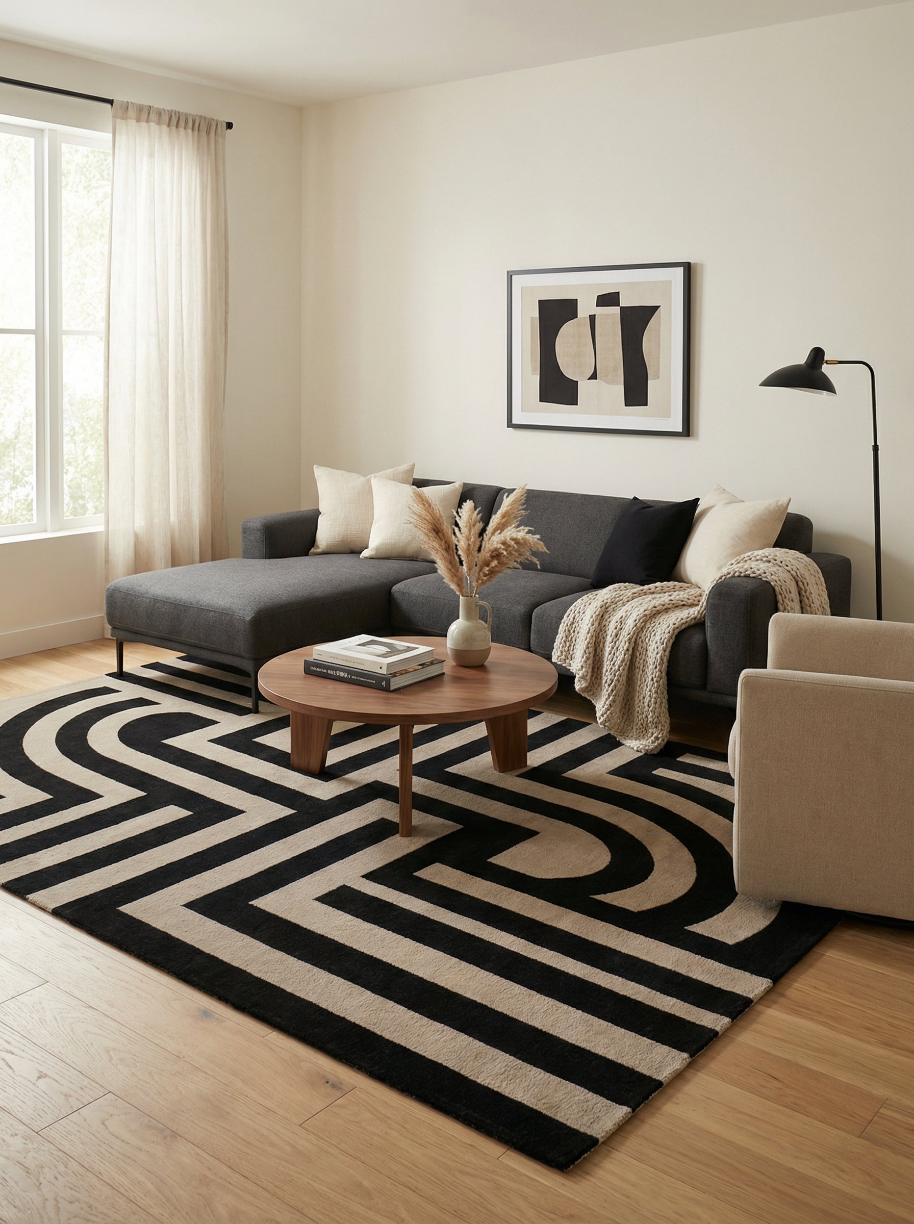 Tapis rectangulaire noir et beige, motifs géométriques, ambiance moderne dans un salon clair