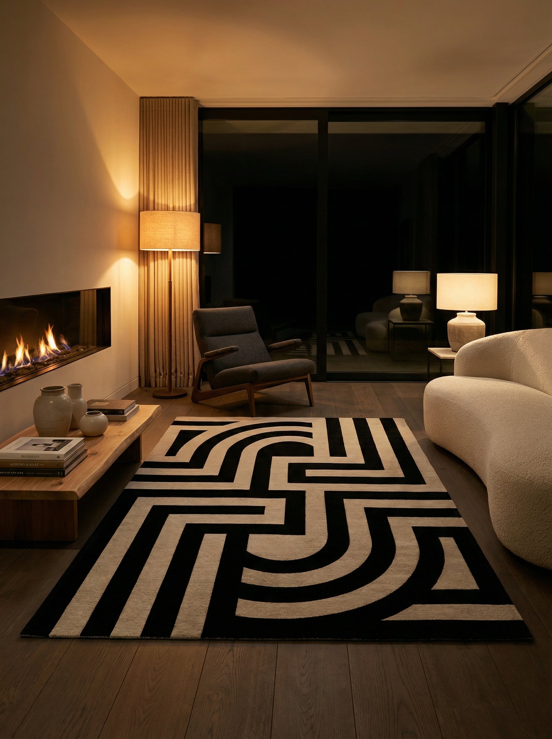 Tapis noir et beige rectangulaire dans une pièce sombre. Éclairage doux, ambiance chaleureuse