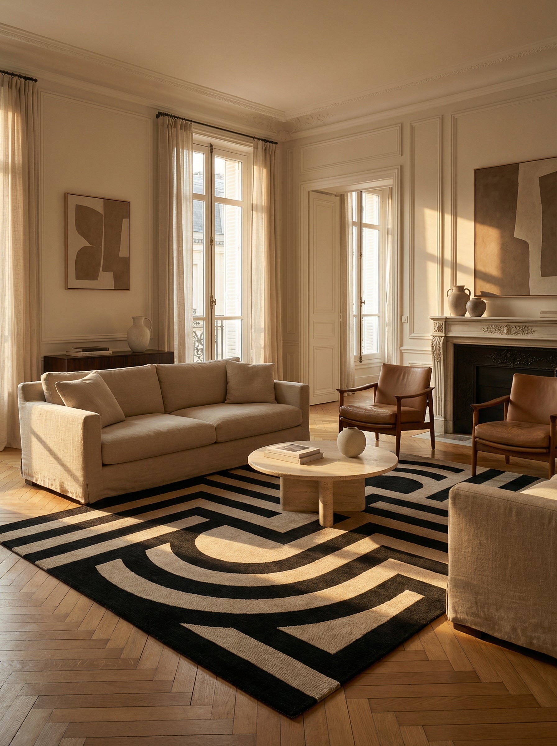 Tapis noir et beige, motifs géométriques, ambiance élégante et conviviale dans un salon