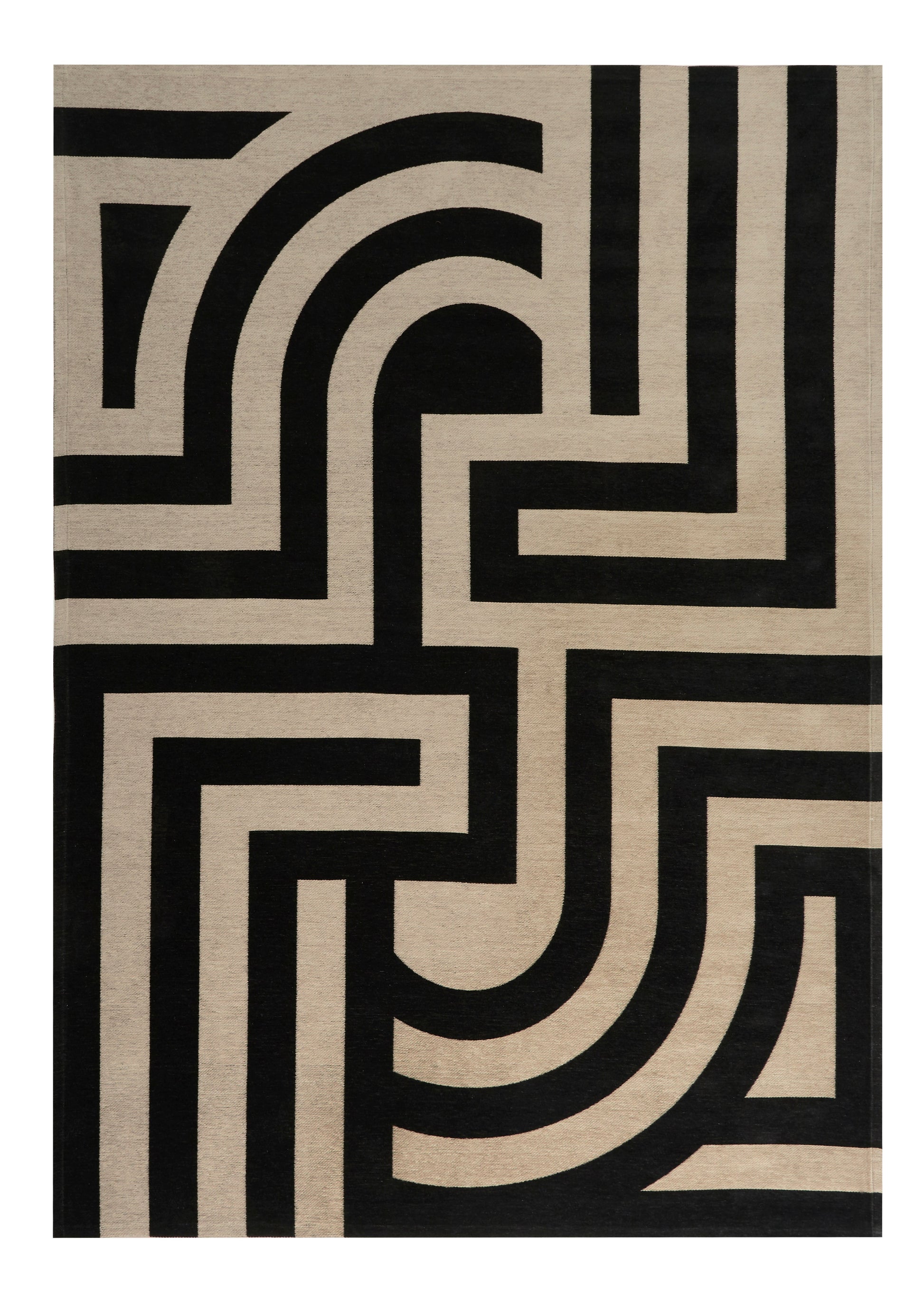 Tapis rectangulaire avec motif géométrique noir et beige, style moderne