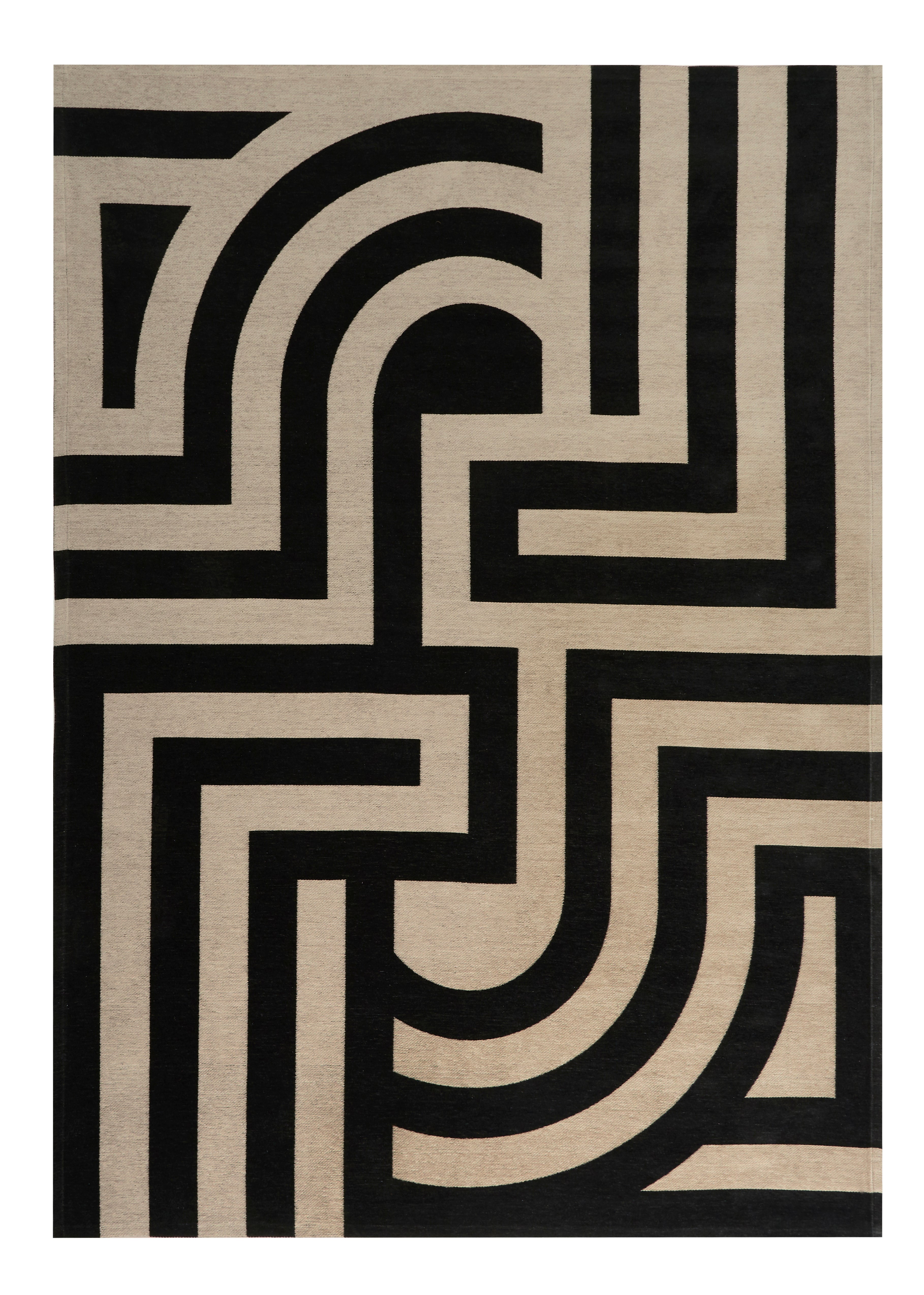 Tapis rectangulaire avec motif géométrique noir et beige, style moderne