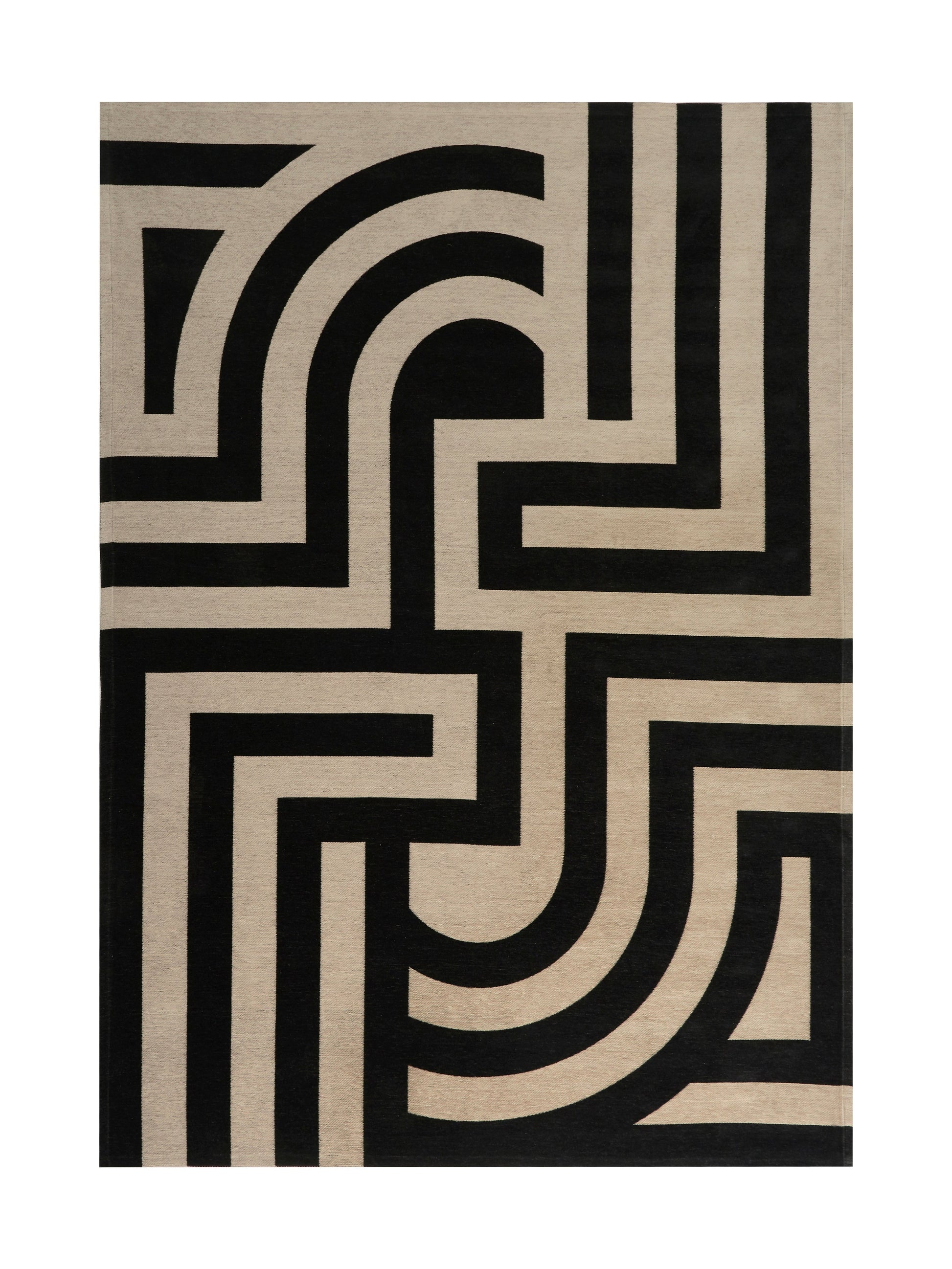 Tapis rectangulaire avec motif géométrique noir et beige, style moderne