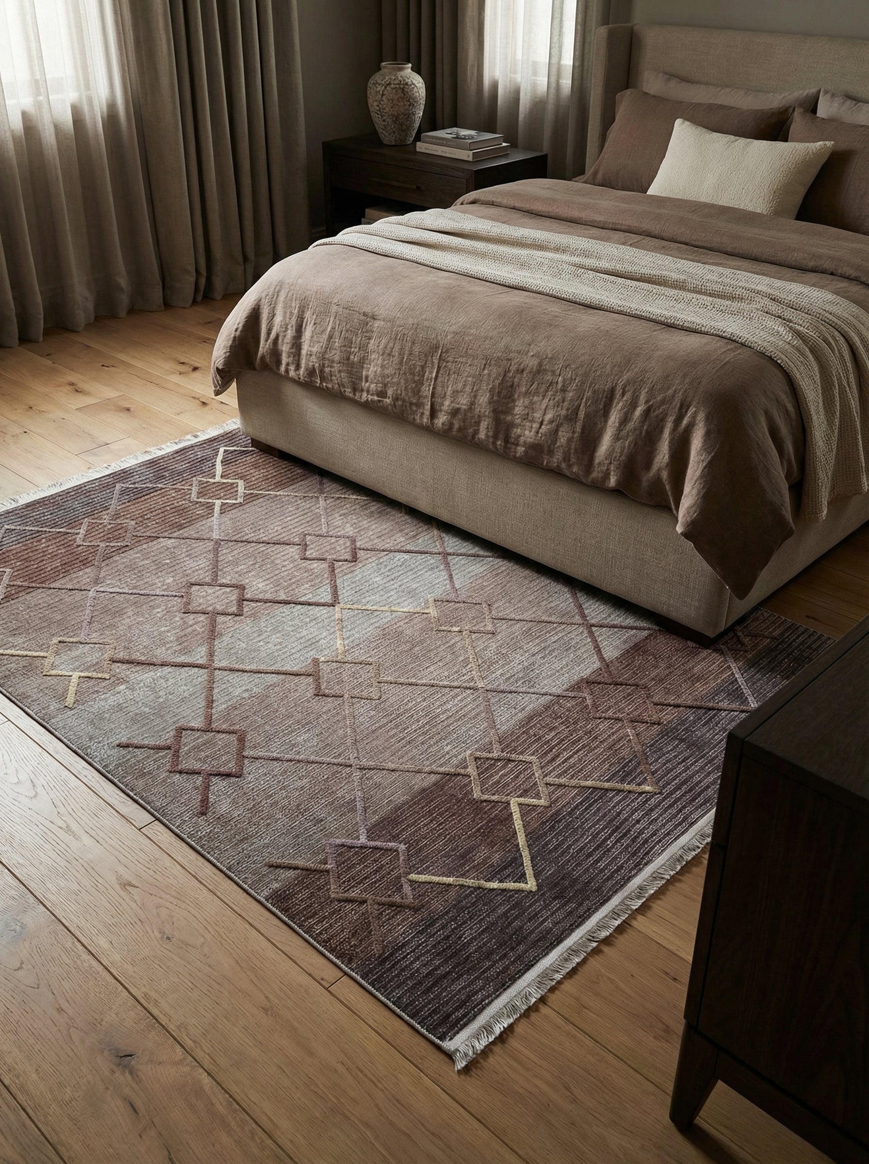 Tapis rectangulaire à motifs géométriques de lignes et carrés, décliné en bruns, gris et touches dorées, sur parquet de chambre