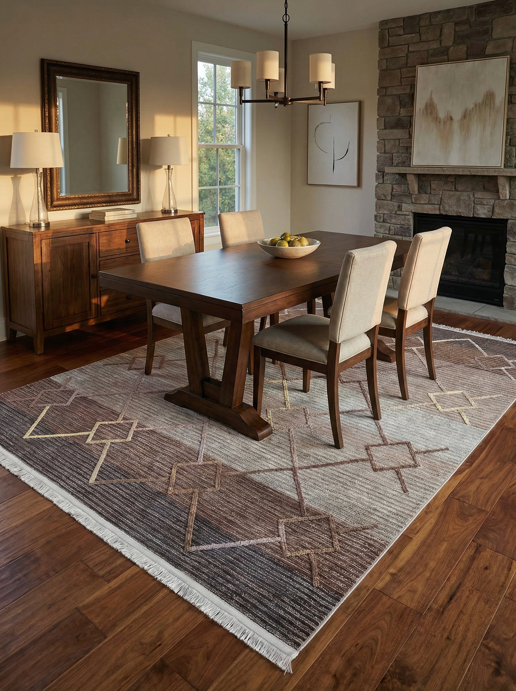 Tapis rectangulaire aux motifs géométriques de carrés et lignes entrelacées, dans des tons de marron, beige, gris et doré, avec des franges claires, posé au sol d'une salle à manger