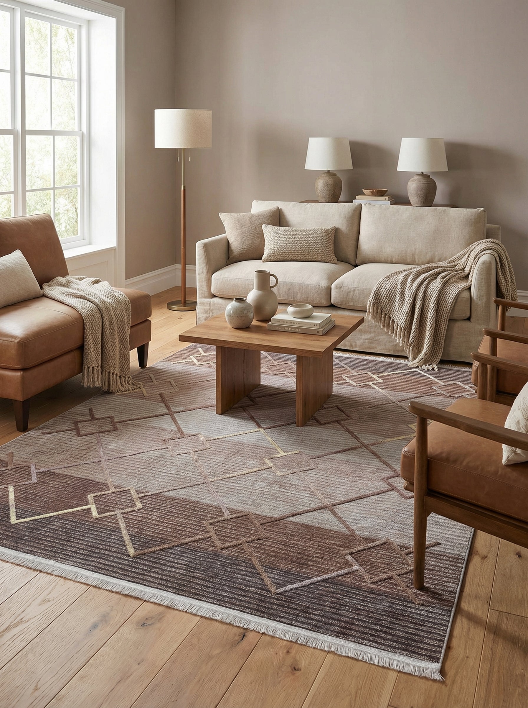Grand tapis rectangulaire dégradé de marron à beige avec des motifs géométriques dorés et des franges claires, dans un salon moderne