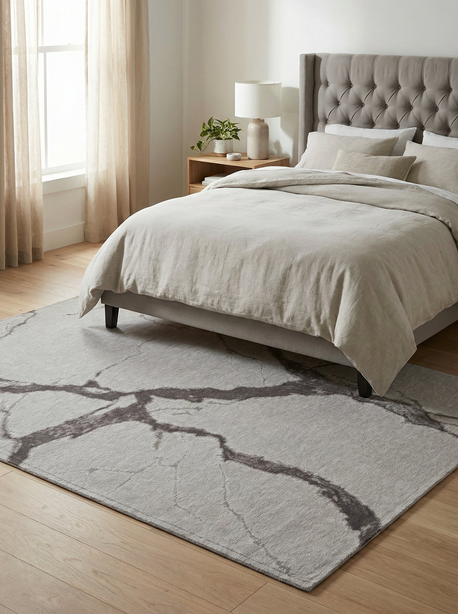 Tapis rectangulaire gris. Douceur et confort dans une chambre. Ambiance reposante grâce aux couleurs claires