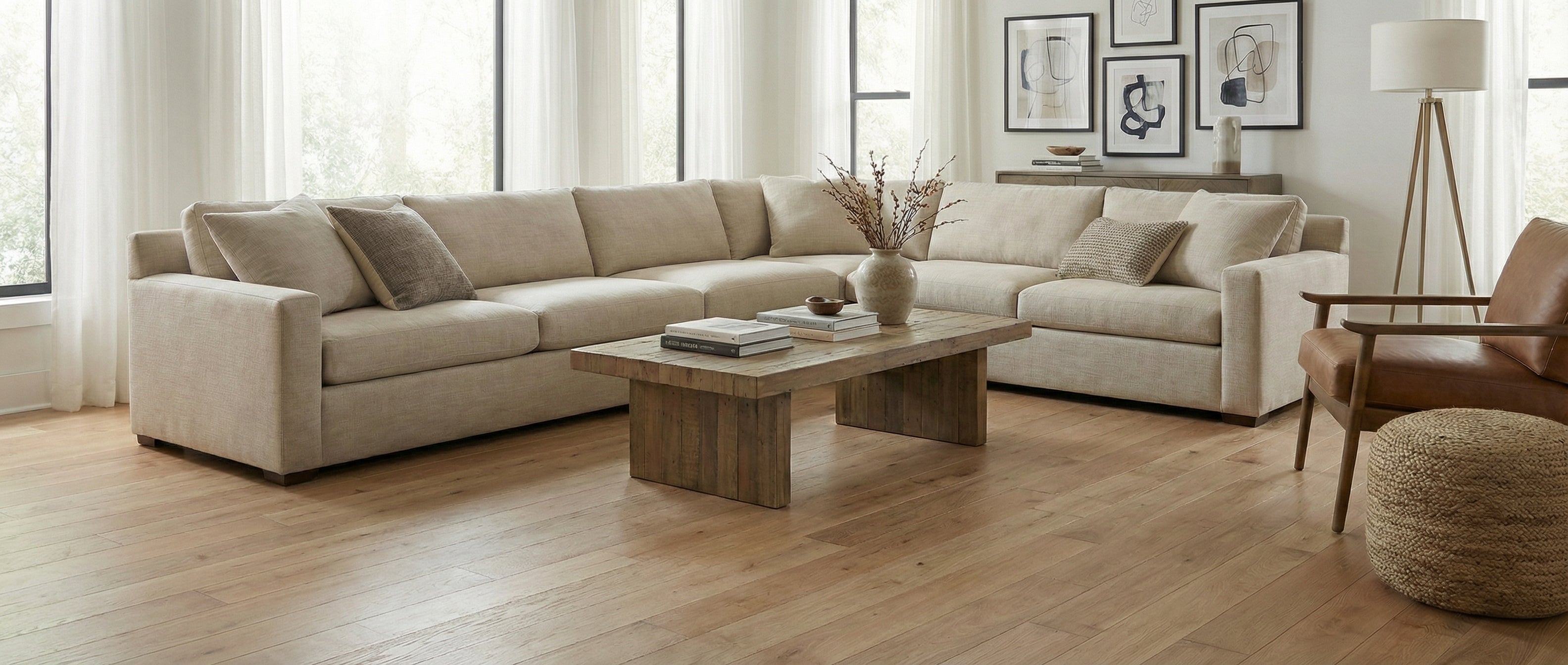 Pièce lumineuse avec un canapé beige, un sol en bois clair et un espace vide pour un tapis rectangulaire. Ambiance neutre