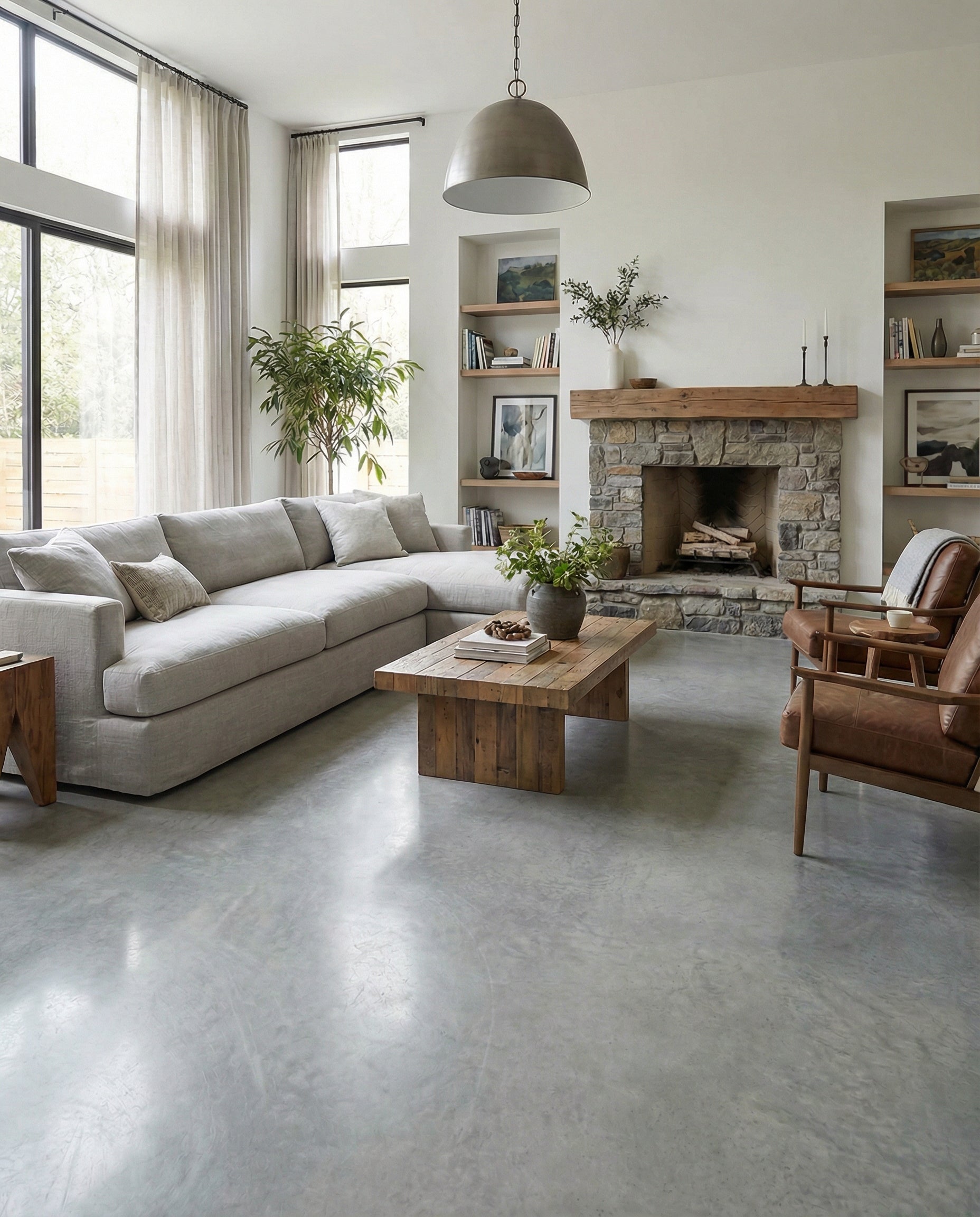 Pièce avec sol gris clair, canapé, cheminée et fauteuils en cuir. Ambiance chaleureuse et lumineuse, espace à transformer