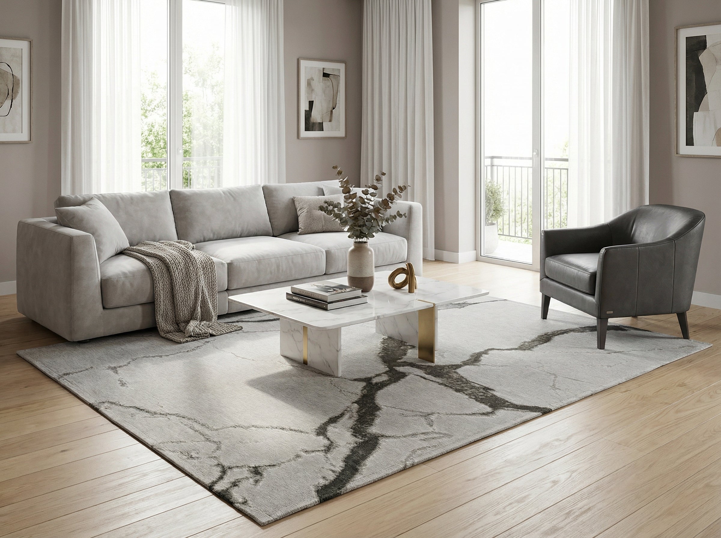 Tapis rectangulaire gris. Déco moderne, ambiance zen. Pièce lumineuse, parquet clair. Motif abstrait noir et blanc