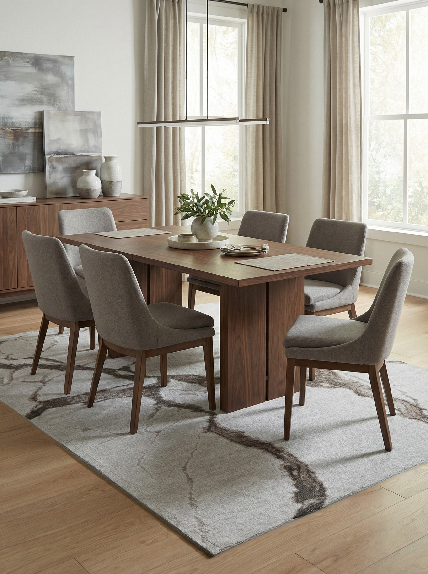 Tapis rectangulaire gris. Définit l'espace repas, ambiance conviviale